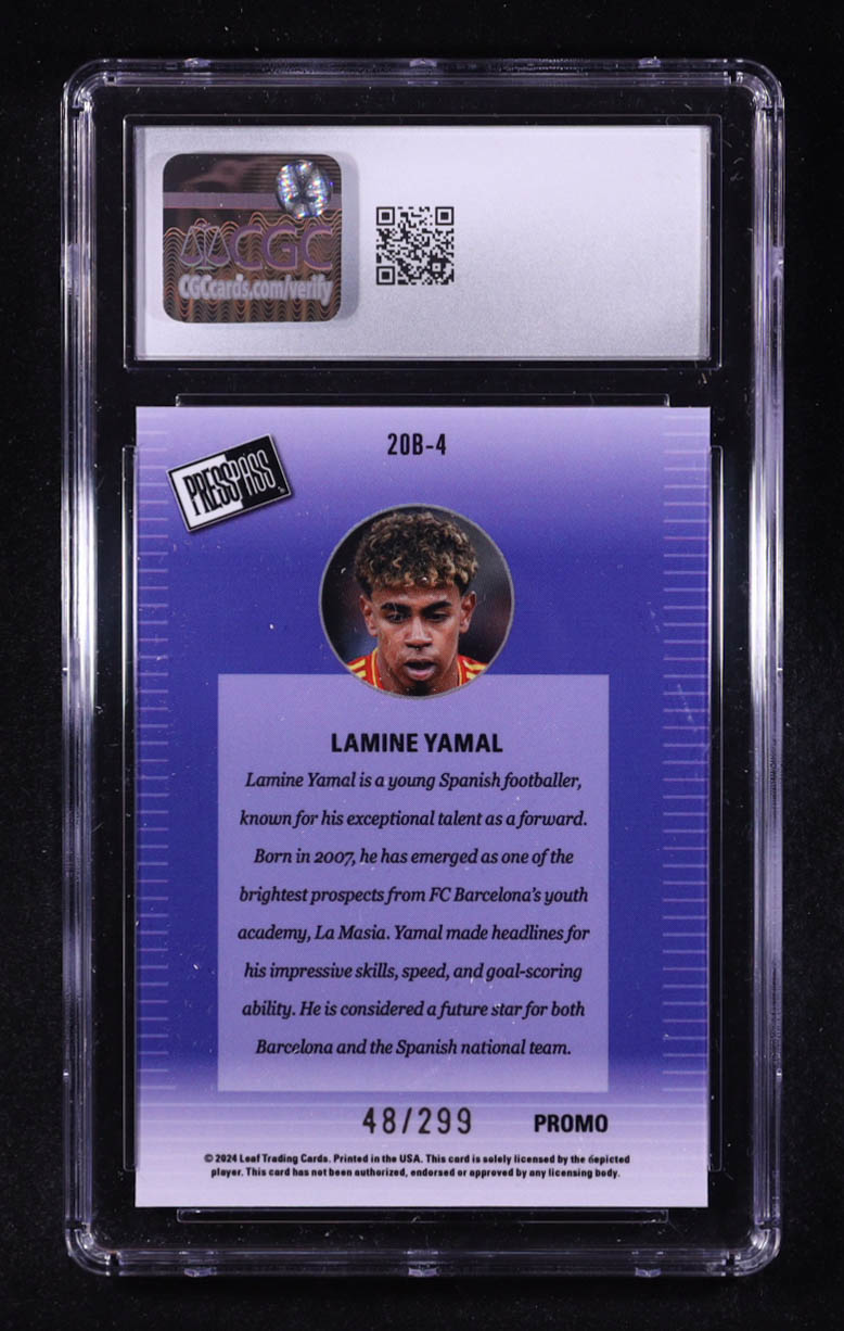 Lamine Yamal 2024 Leaf Collective Promo '00 Press Pass Shimmer Orange #20B4 #048/299 (CGC 10) at PristineAuction.com Lamine Yamal 2024 Leaf Collective Promo '00 Press Pass Shimmer Orange #20B4 #048/299 (CGC 10) at PristineAuction.com