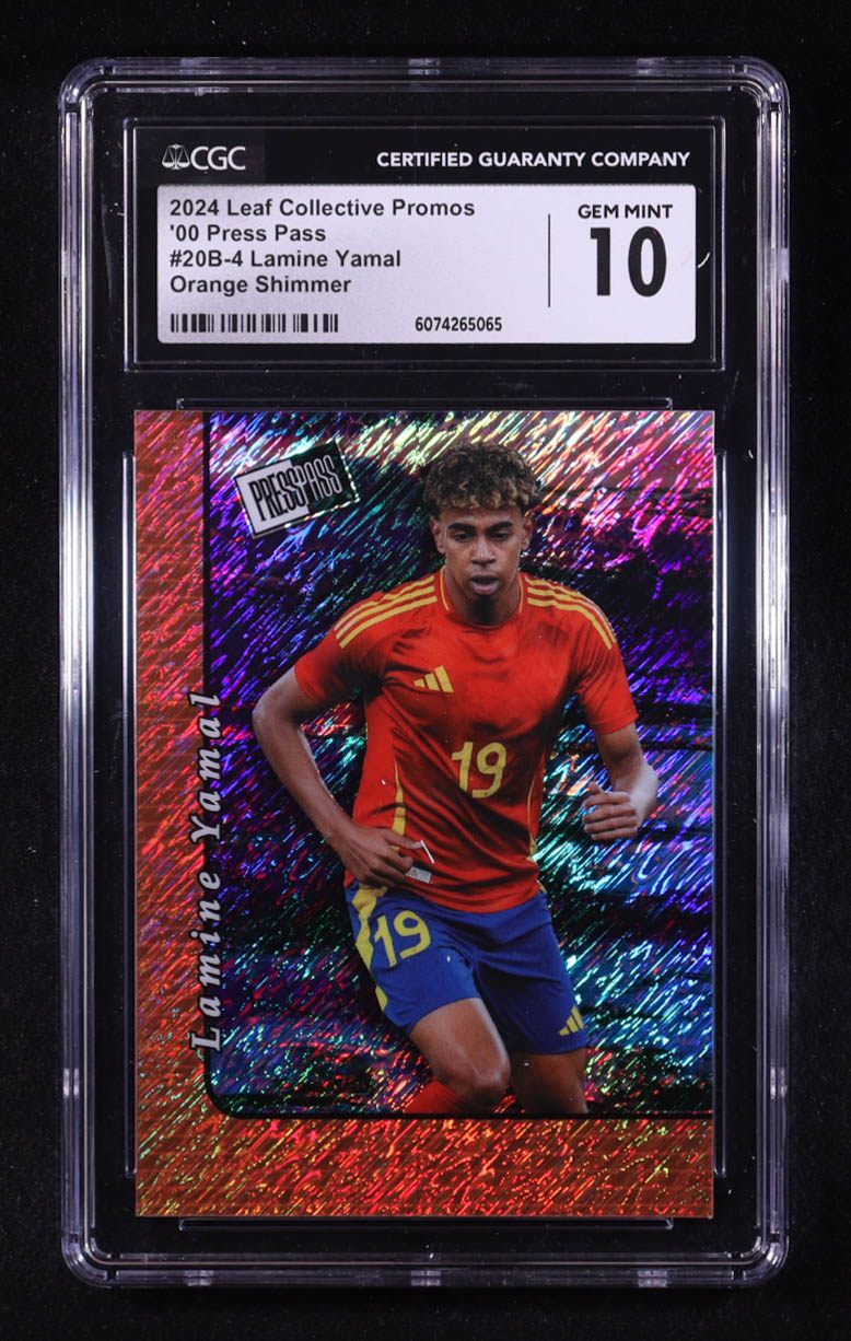 Lamine Yamal 2024 Leaf Collective Promo '00 Press Pass Shimmer Orange #20B4 #061/299 (CGC 10) at PristineAuction.com Lamine Yamal 2024 Leaf Collective Promo '00 Press Pass Shimmer Orange #20B4 #061/299 (CGC 10) at PristineAuction.com
