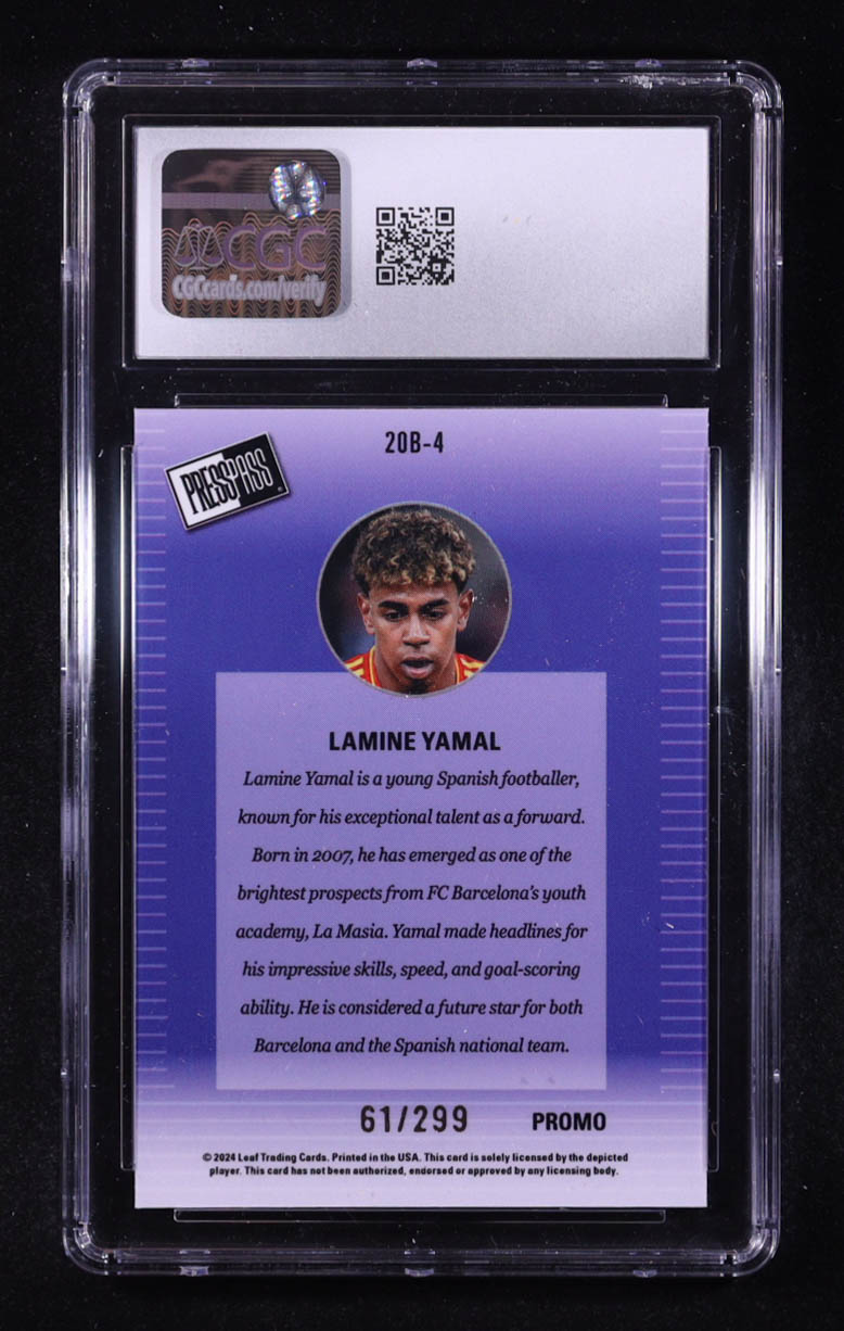 Lamine Yamal 2024 Leaf Collective Promo '00 Press Pass Shimmer Orange #20B4 #061/299 (CGC 10) at PristineAuction.com Lamine Yamal 2024 Leaf Collective Promo '00 Press Pass Shimmer Orange #20B4 #061/299 (CGC 10) at PristineAuction.com