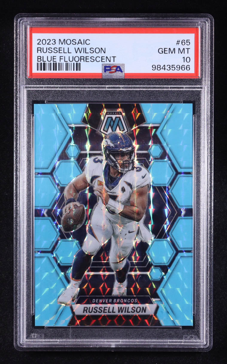 Russell Wilson 2023 Panini Mosaic Mosaic Blue Fluorescent #65 #05/15 (PSA 10) at PristineAuction.com Russell Wilson 2023 Panini Mosaic Mosaic Blue Fluorescent #65 #05/15 (PSA 10) at PristineAuction.com