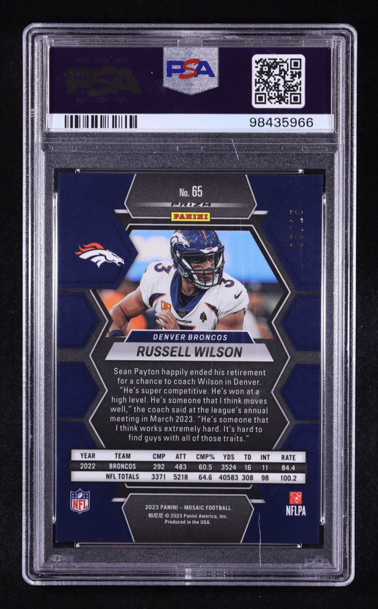 Russell Wilson 2023 Panini Mosaic Mosaic Blue Fluorescent #65 #05/15 (PSA 10) at PristineAuction.com Russell Wilson 2023 Panini Mosaic Mosaic Blue Fluorescent #65 #05/15 (PSA 10) at PristineAuction.com
