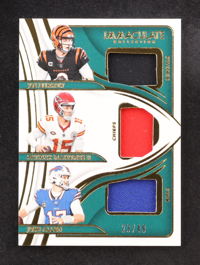 Patrick Mahomes II / Joe Burrow / Josh Allen 2023 Immaculate Collection Immaculate Triple Jerseys #5 #23/49 at PristineAuction.com Patrick Mahomes II / Joe Burrow / Josh Allen 2023 Immaculate Collection Immaculate Triple Jerseys #5 #23/49 at PristineAuction.com