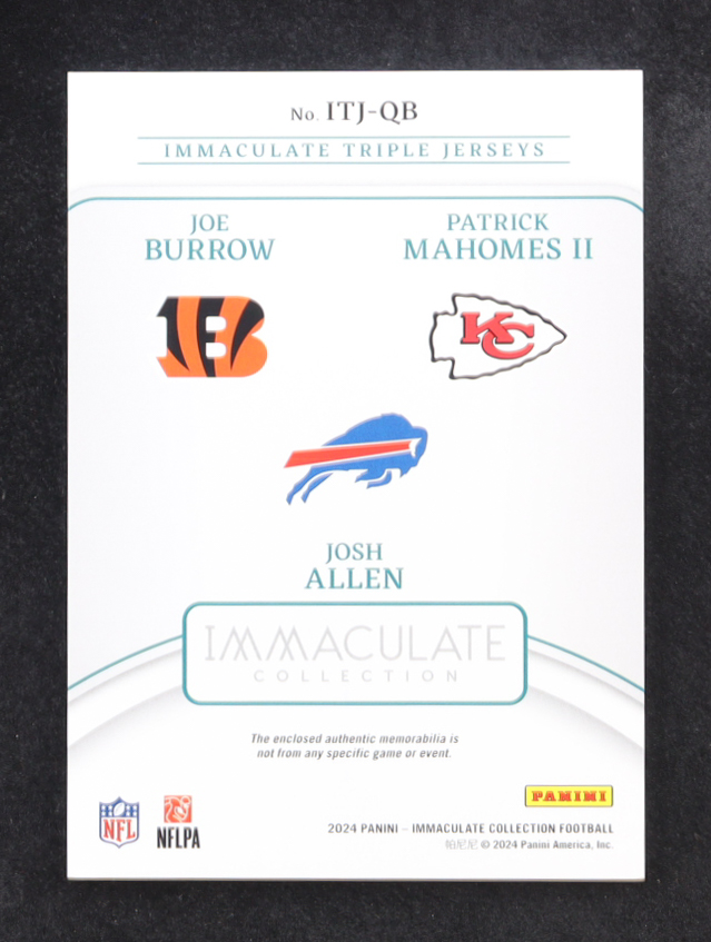 Patrick Mahomes II / Joe Burrow / Josh Allen 2023 Immaculate Collection Immaculate Triple Jerseys #5 #23/49 at PristineAuction.com Patrick Mahomes II / Joe Burrow / Josh Allen 2023 Immaculate Collection Immaculate Triple Jerseys #5 #23/49 at PristineAuction.com