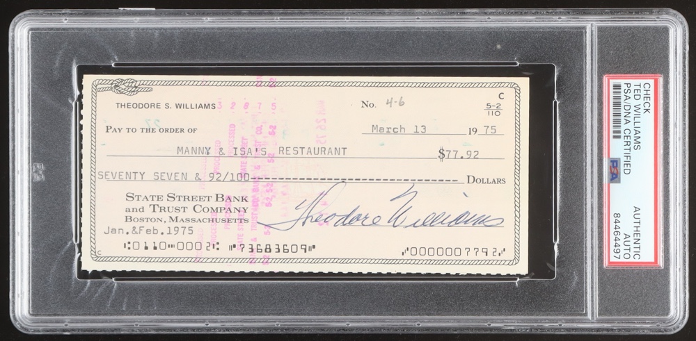 Ted Williams Signed 1975 State Street Bank Personal Check (PSA) at PristineAuction.com Ted Williams Signed 1975 State Street Bank Personal Check (PSA) at PristineAuction.com