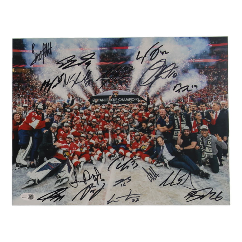 Panthers 2025 Stanley Cup Champions 11x14 Photo Team-Signed by (17) with MATTHEW TKACHUK. ALEKSANDER BARKOV, SERGEI BOBROVSKY, SAM REINHART, SAM BENNETT (JSA) at PristineAuction.com