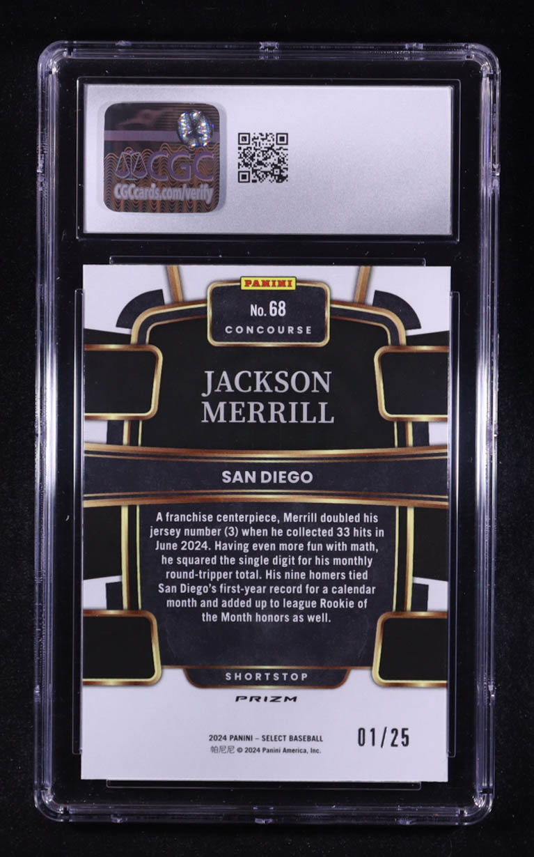Jackson Merrill 2024 Select Prizms Tie-Dye #68 #01/25 RC (CGC 10) at PristineAuction.com Jackson Merrill 2024 Select Prizms Tie-Dye #68 #01/25 RC (CGC 10) at PristineAuction.com