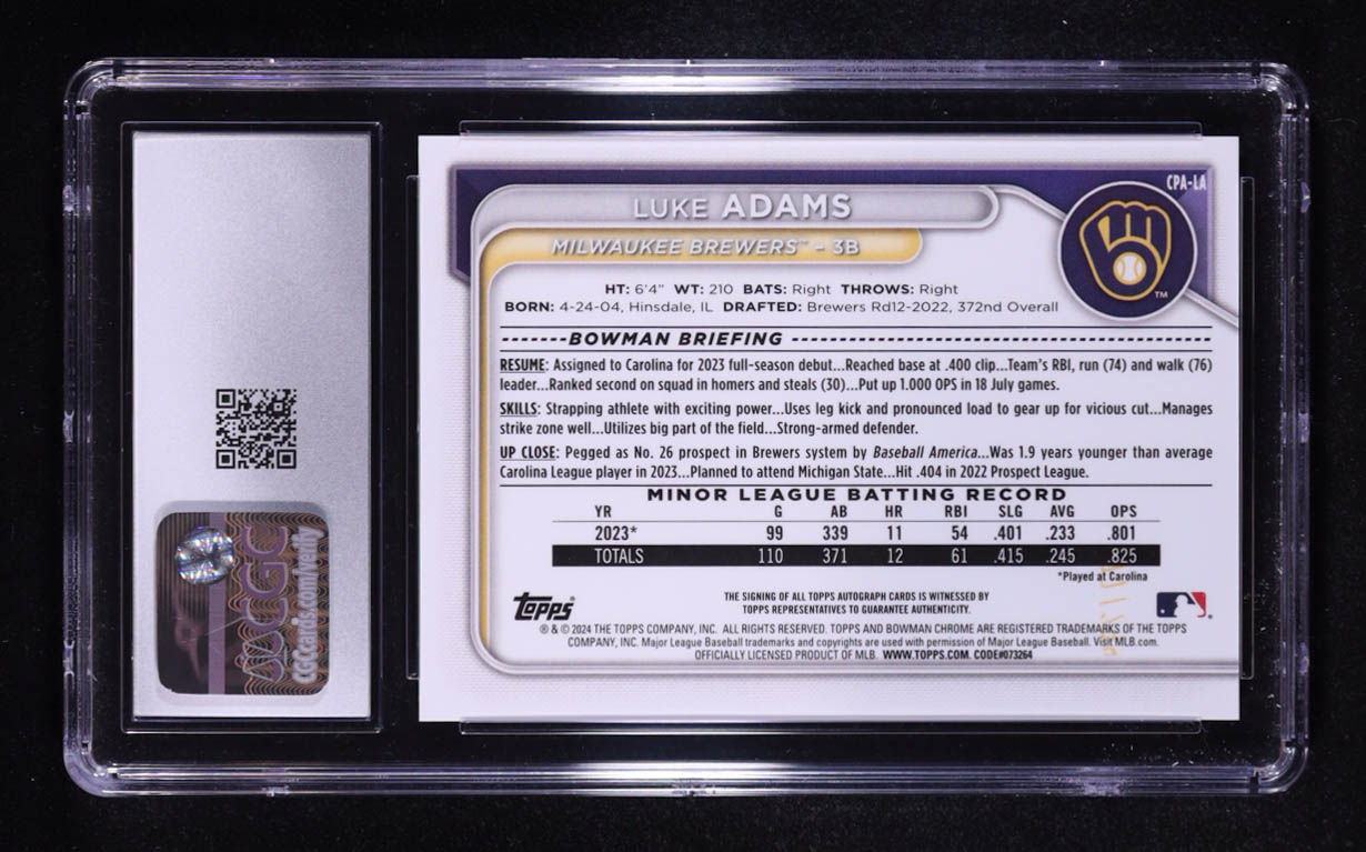 Luke Adams 2024 Bowman Chrome Prospect Autographs Speckle Refractors #CPALA #276/299 RC (CGC 10 | Auto 10) at PristineAuction.com Luke Adams 2024 Bowman Chrome Prospect Autographs Speckle Refractors #CPALA #276/299 RC (CGC 10 | Auto 10) at PristineAuction.com