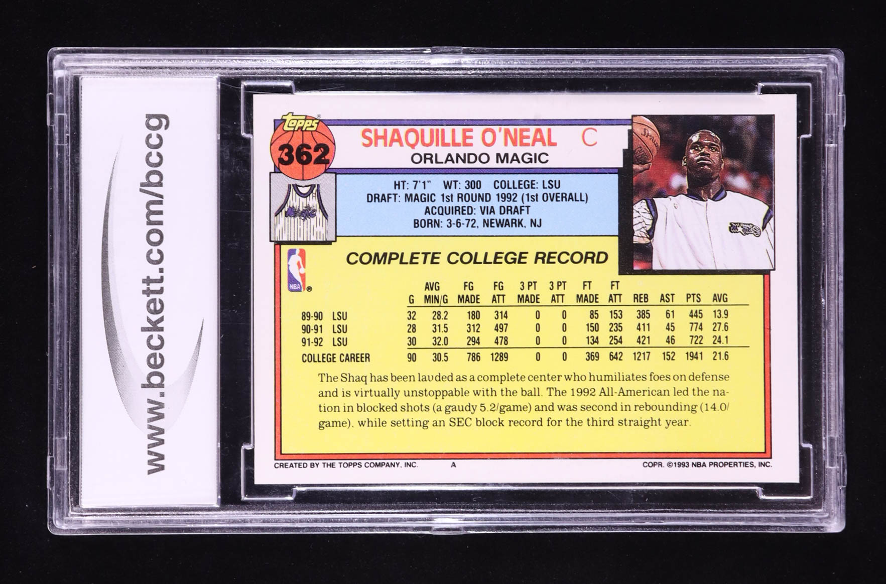 Shaquille O'Neal 1992-93 Topps #362 RC (BCCG 10) at PristineAuction.com Shaquille O'Neal 1992-93 Topps #362 RC (BCCG 10) at PristineAuction.com