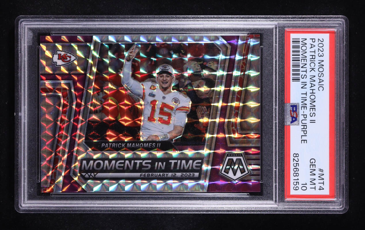 Patrick Mahomes II 2023 Panini Mosaic Moments in Time Mosaic Purple #4 #12/49 (PSA 10) at PristineAuction.com Patrick Mahomes II 2023 Panini Mosaic Moments in Time Mosaic Purple #4 #12/49 (PSA 10) at PristineAuction.com