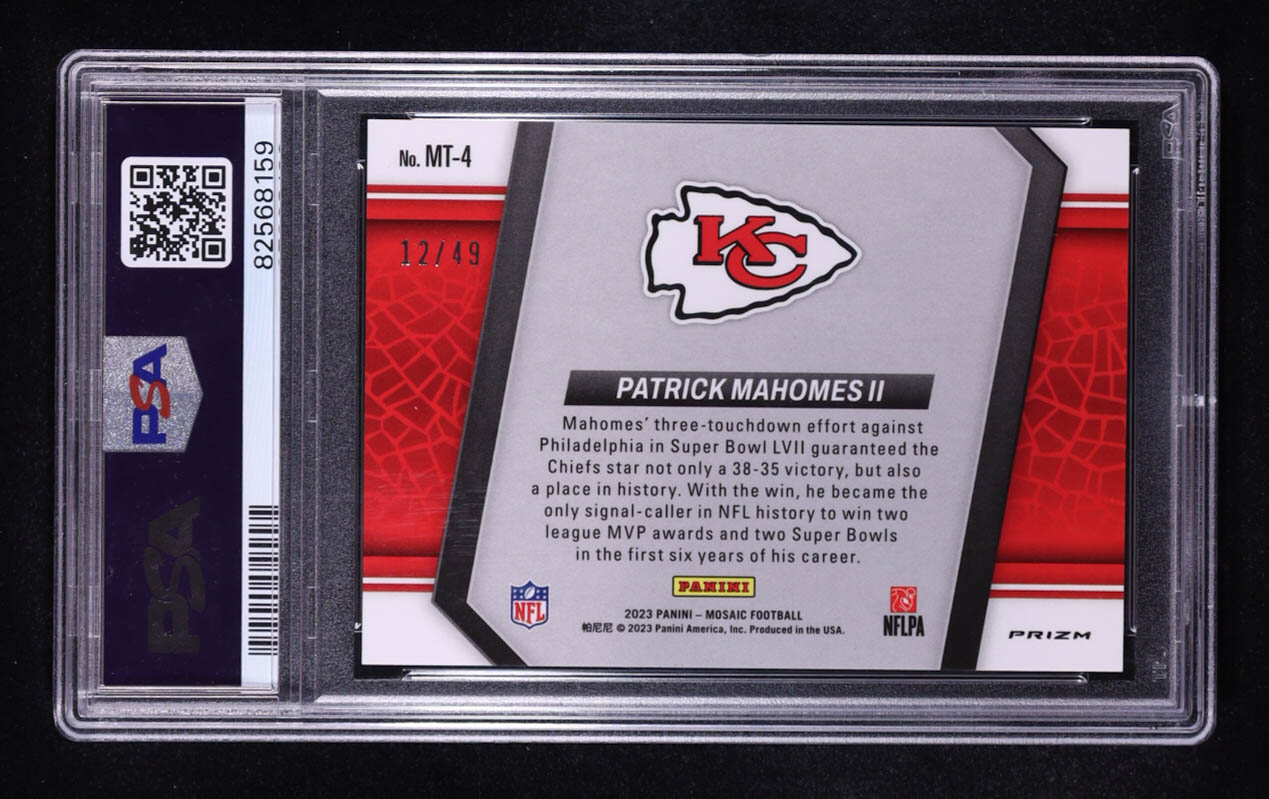 Patrick Mahomes II 2023 Panini Mosaic Moments in Time Mosaic Purple #4 #12/49 (PSA 10) at PristineAuction.com Patrick Mahomes II 2023 Panini Mosaic Moments in Time Mosaic Purple #4 #12/49 (PSA 10) at PristineAuction.com