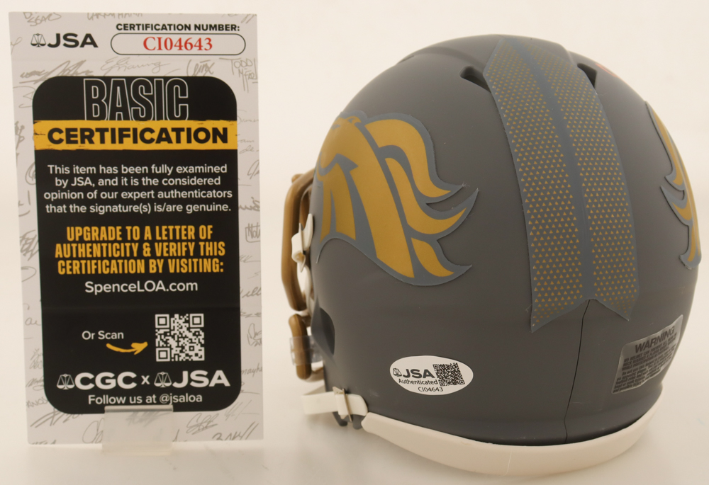 RJ Harvey Signed Broncos Slate Alternate Speed Mini Helmet (JSA) at PristineAuction.com RJ Harvey Signed Broncos Slate Alternate Speed Mini Helmet (JSA) at PristineAuction.com