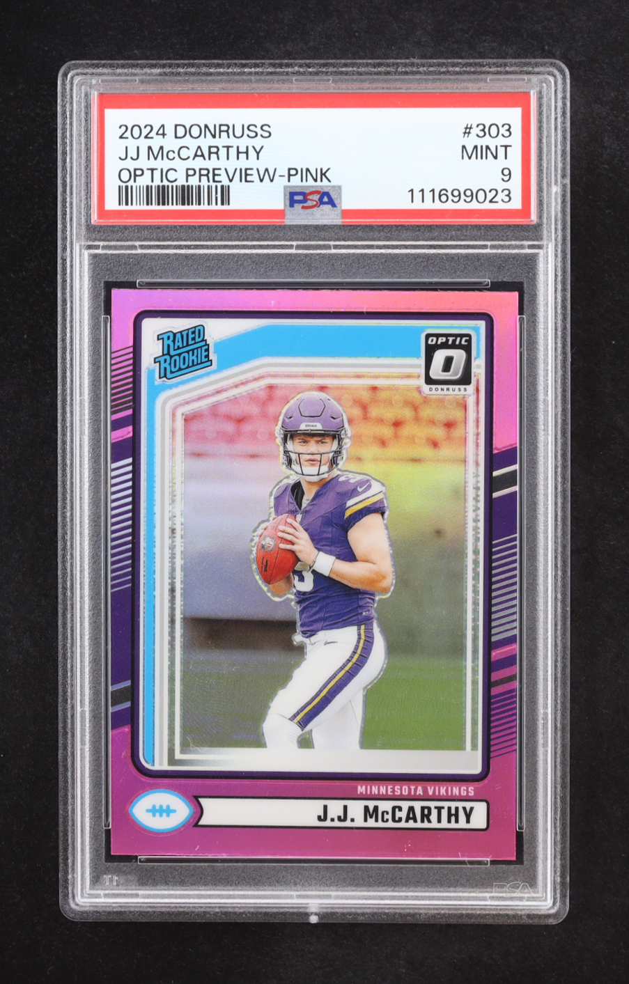 JJ McCarthy 2024 Panini Donruss Rated Rookie Optic Preview-Pink #303 RC (PSA 9) at PristineAuction.com JJ McCarthy 2024 Panini Donruss Rated Rookie Optic Preview-Pink #303 RC (PSA 9) at PristineAuction.com