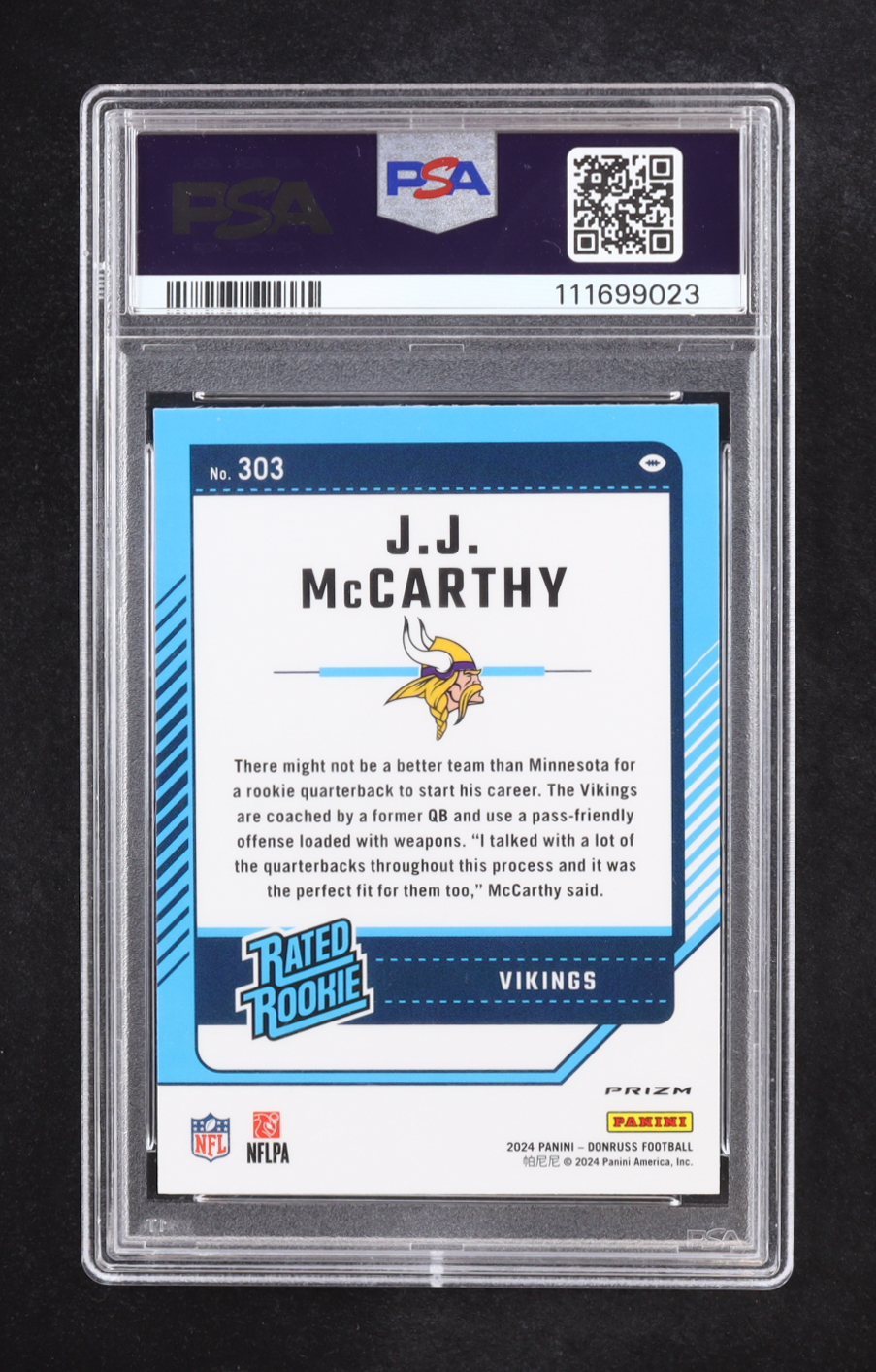 JJ McCarthy 2024 Panini Donruss Rated Rookie Optic Preview-Pink #303 RC (PSA 9) at PristineAuction.com JJ McCarthy 2024 Panini Donruss Rated Rookie Optic Preview-Pink #303 RC (PSA 9) at PristineAuction.com