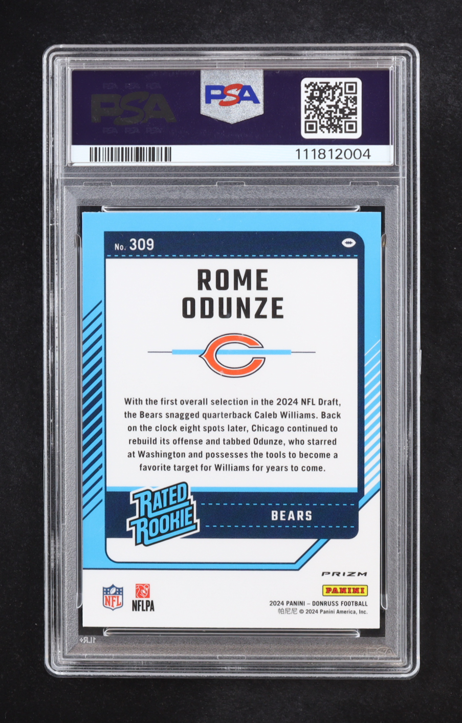 Rome Odunze 2024 Panini Donruss Optic Preview-Red & Green Prizm RR #309 RC (PSA 10) at PristineAuction.com Rome Odunze 2024 Panini Donruss Optic Preview-Red & Green Prizm RR #309 RC (PSA 10) at PristineAuction.com