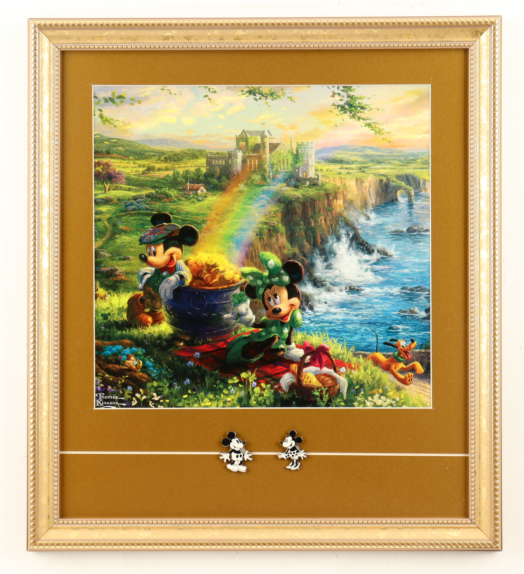 Thomas Kinkade "Mickey & Minnie Mouse In Ireland" Custom Framed Print Display with Mickey & Minnie Mouse Pin at PristineAuction.com Thomas Kinkade "Mickey & Minnie Mouse In Ireland" Custom Framed Print Display with Mickey & Minnie Mouse Pin at PristineAuction.com