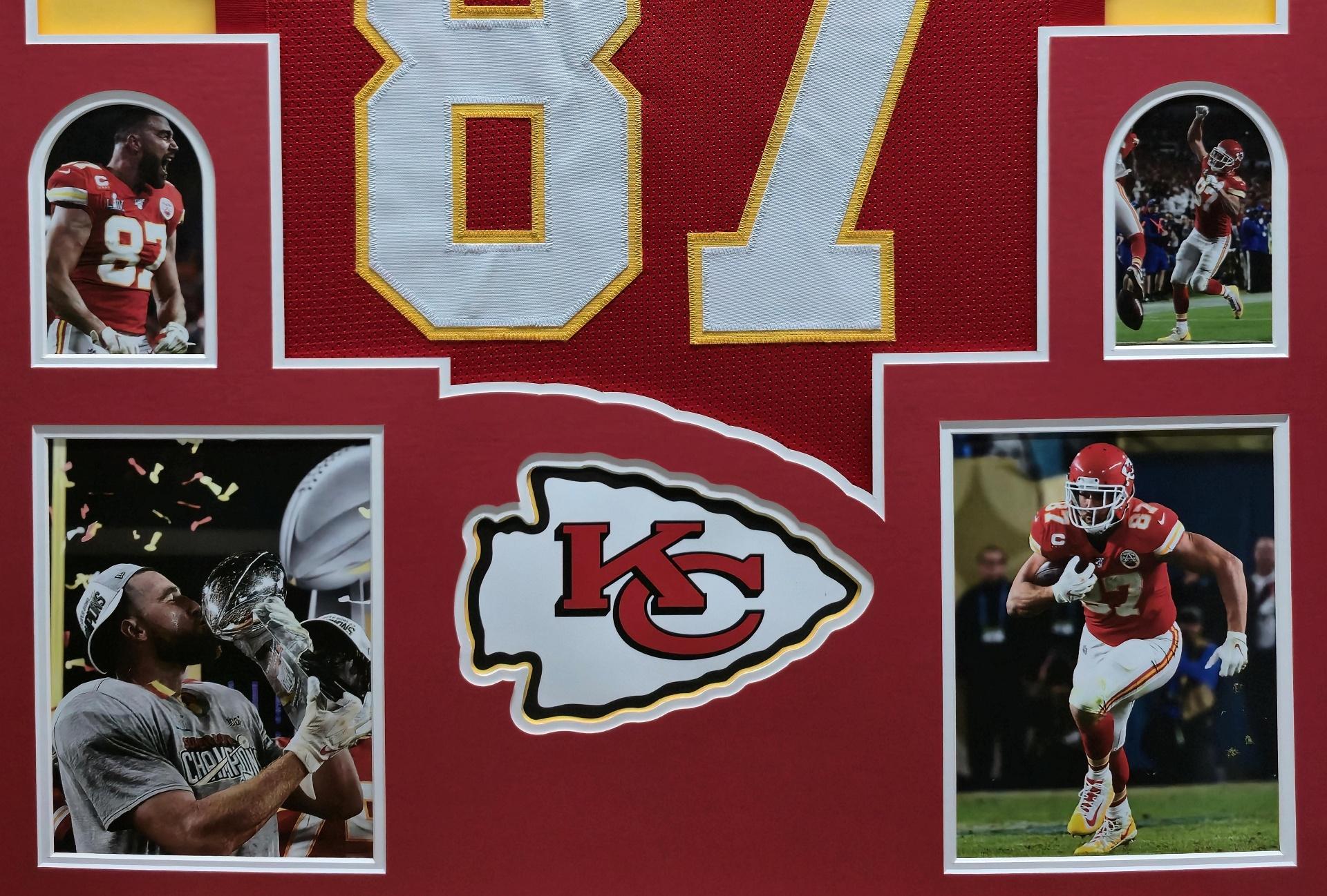 Travis Kelce Custom Framed Jersey Display at PristineAuction.com Travis Kelce Custom Framed Jersey Display at PristineAuction.com