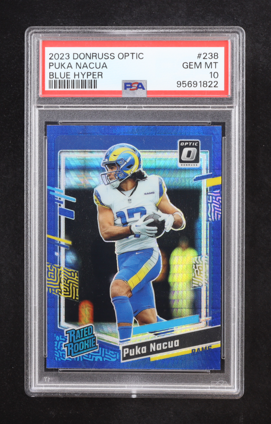 Puka Nacua 2023 Panini Donruss Optic Blue Hyper Prizm RR #238 RC (PSA 10) at PristineAuction.com Puka Nacua 2023 Panini Donruss Optic Blue Hyper Prizm RR #238 RC (PSA 10) at PristineAuction.com
