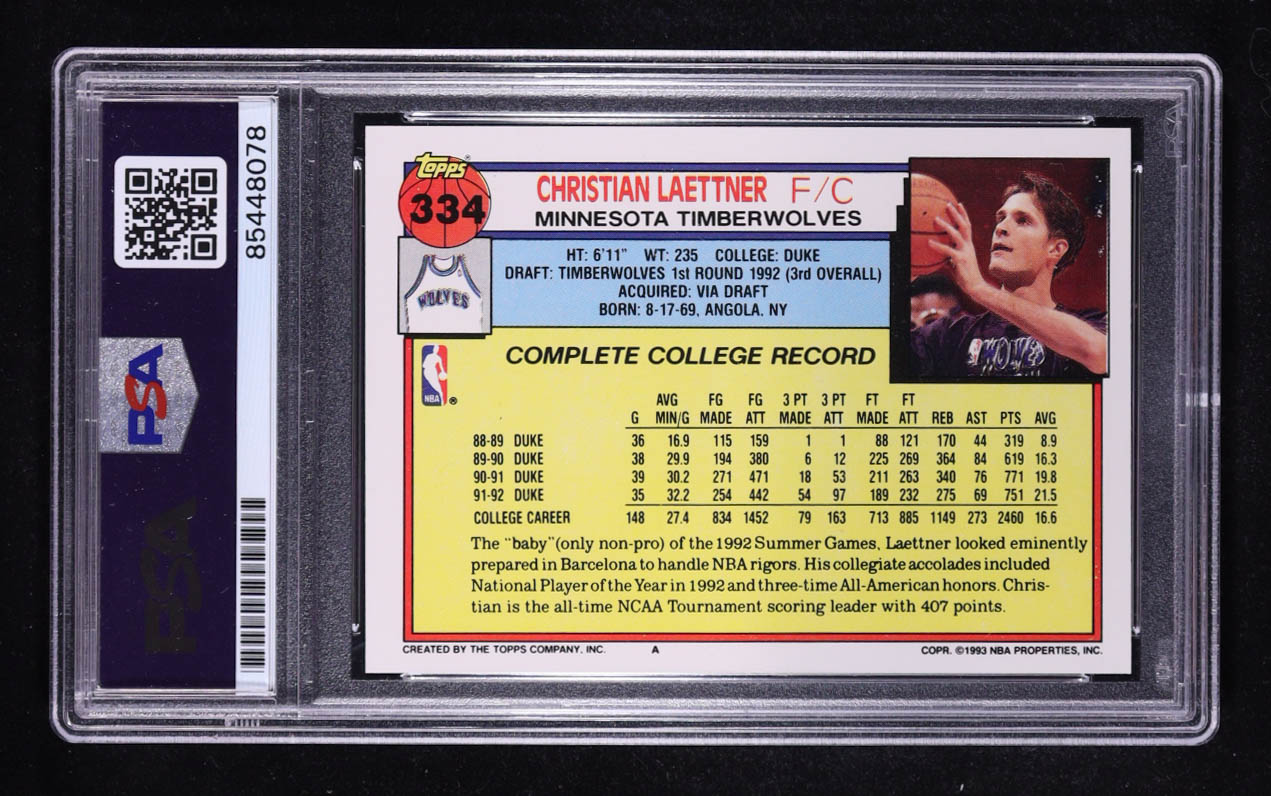 Christian Laettner Signed 1992-93 Topps #334 RC (PSA) at PristineAuction.com Christian Laettner Signed 1992-93 Topps #334 RC (PSA) at PristineAuction.com