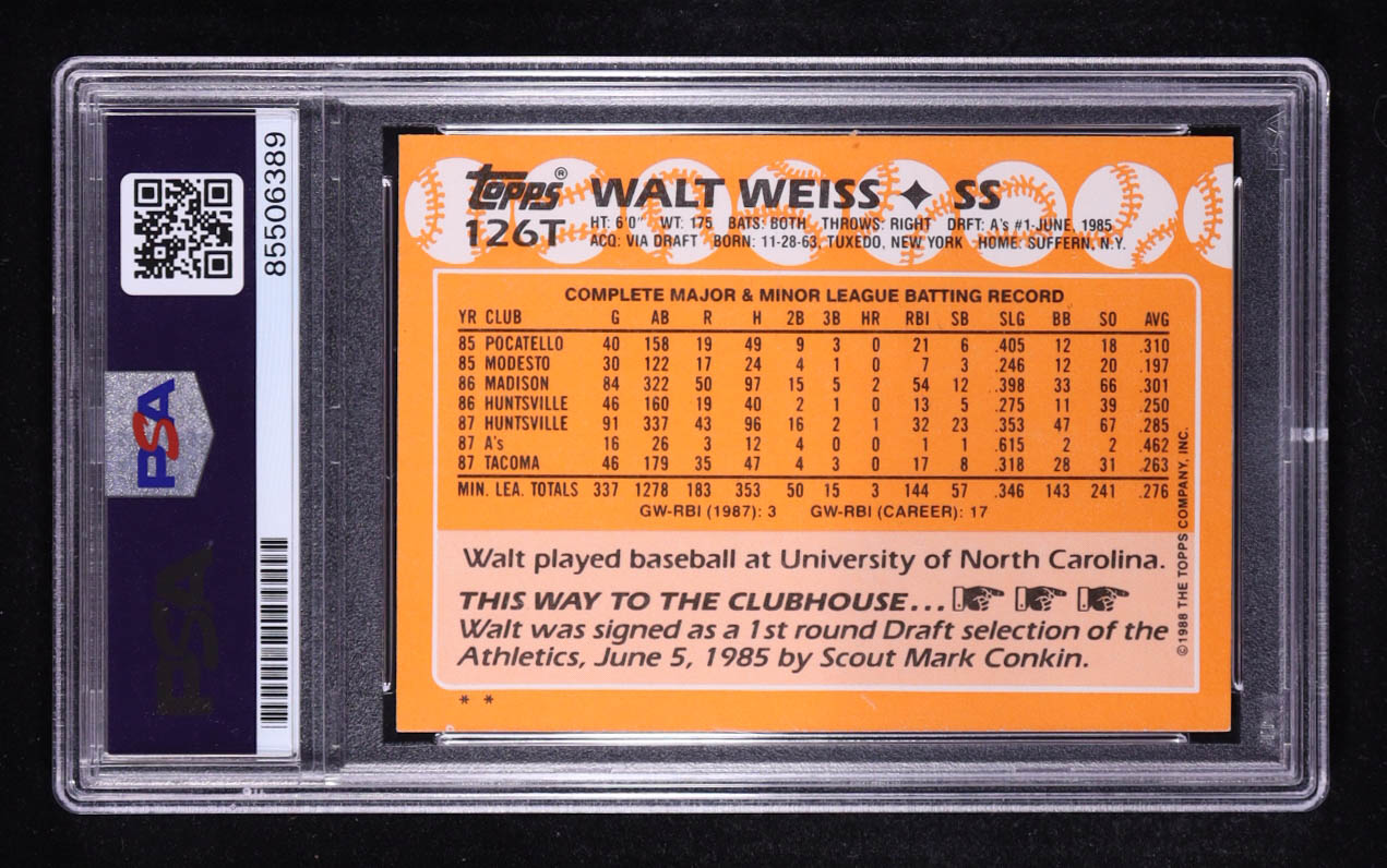 Walt Weiss Signed 1988 Topps Traded #126T XRC Inscribed "88 AL ROY" (PSA) at PristineAuction.com Walt Weiss Signed 1988 Topps Traded #126T XRC Inscribed "88 AL ROY" (PSA) at PristineAuction.com