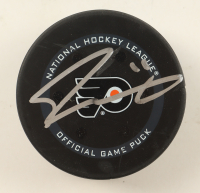 Travis Konecny Signed Flyers Game-Used Hockey Puck (Fanatics & JSA) at PristineAuction.com