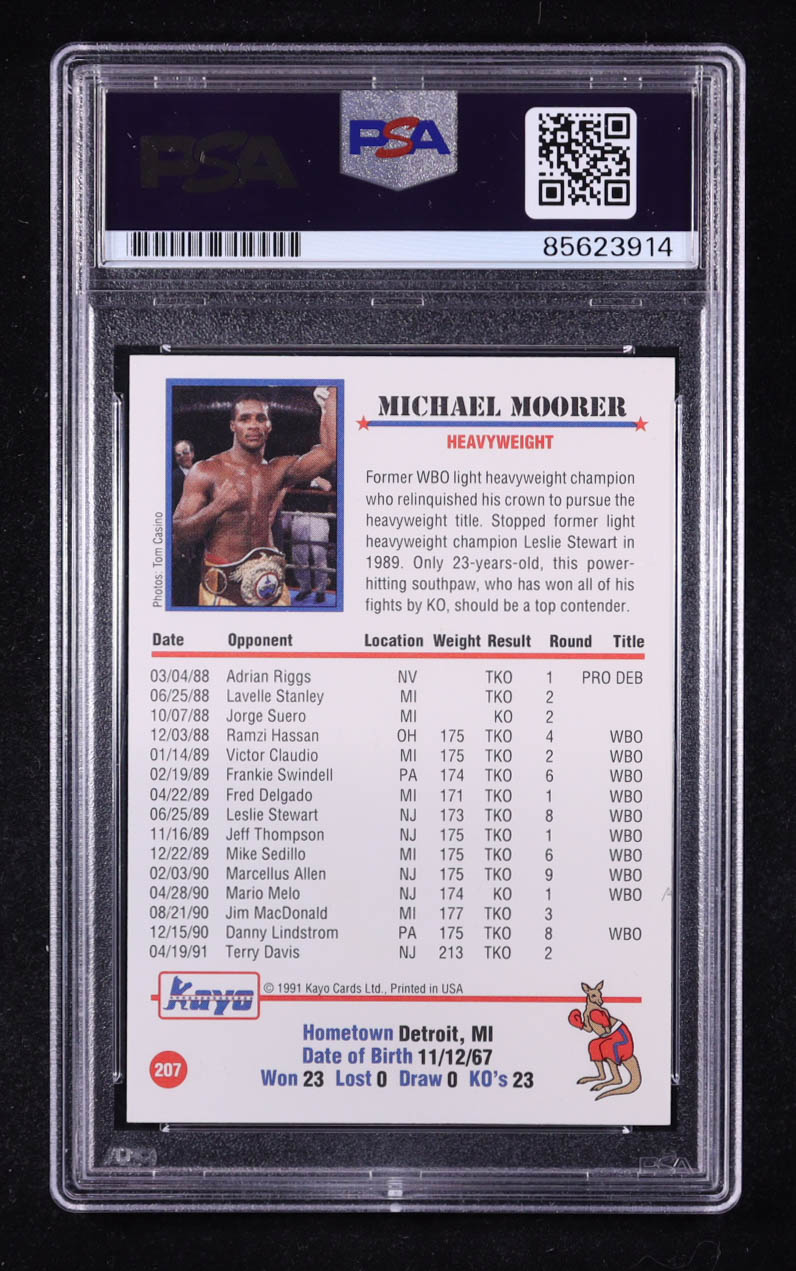 Michael Moorer Signed 1991 Kayo #207 Inscribed "Double M" (PSA) at PristineAuction.com Michael Moorer Signed 1991 Kayo #207 Inscribed "Double M" (PSA) at PristineAuction.com