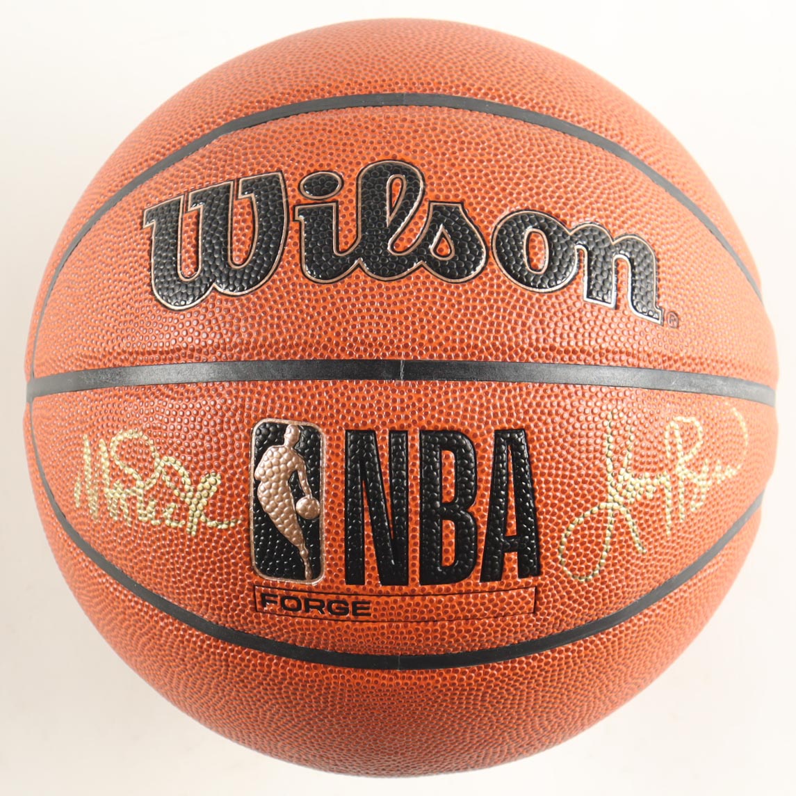 Larry Bird & Magic Johnson Signed Basketball With Acrylic Display Stand (Beckett) at PristineAuction.com Larry Bird & Magic Johnson Signed Basketball With Acrylic Display Stand (Beckett) at PristineAuction.com