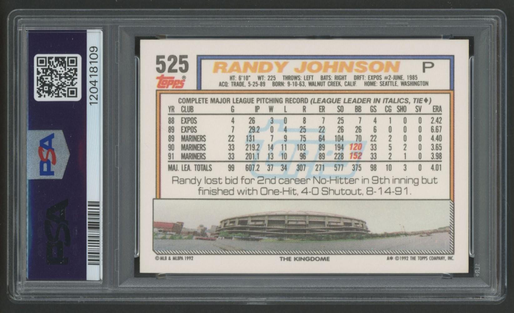 Randy Johnson 1992 Topps #525 (PSA 10) at PristineAuction.com Randy Johnson 1992 Topps #525 (PSA 10) at PristineAuction.com