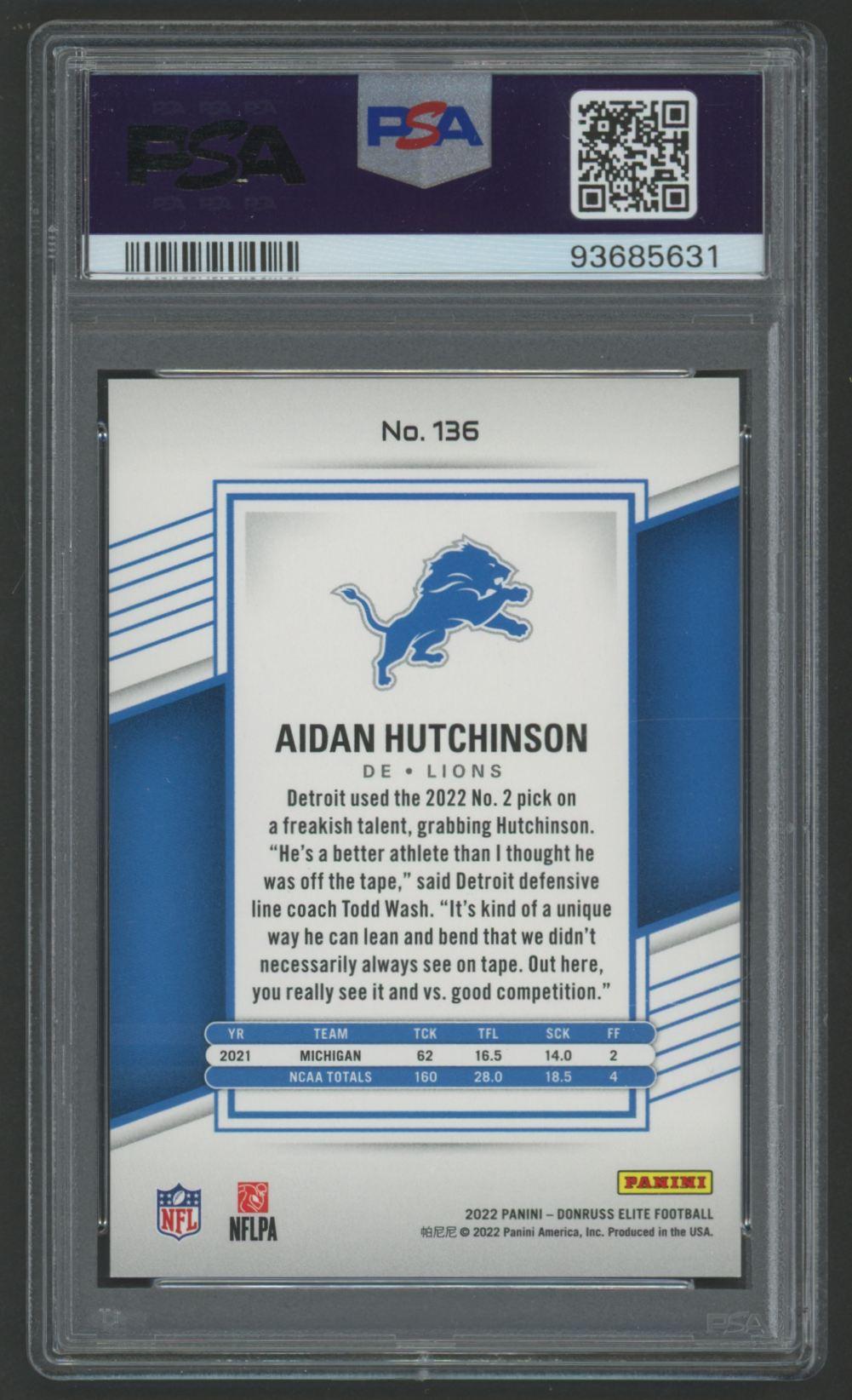 Aidan Hutchinson 2022 Elite Status Sparkle #136 RC #81/275 (PSA 10) at PristineAuction.com Aidan Hutchinson 2022 Elite Status Sparkle #136 RC #81/275 (PSA 10) at PristineAuction.com