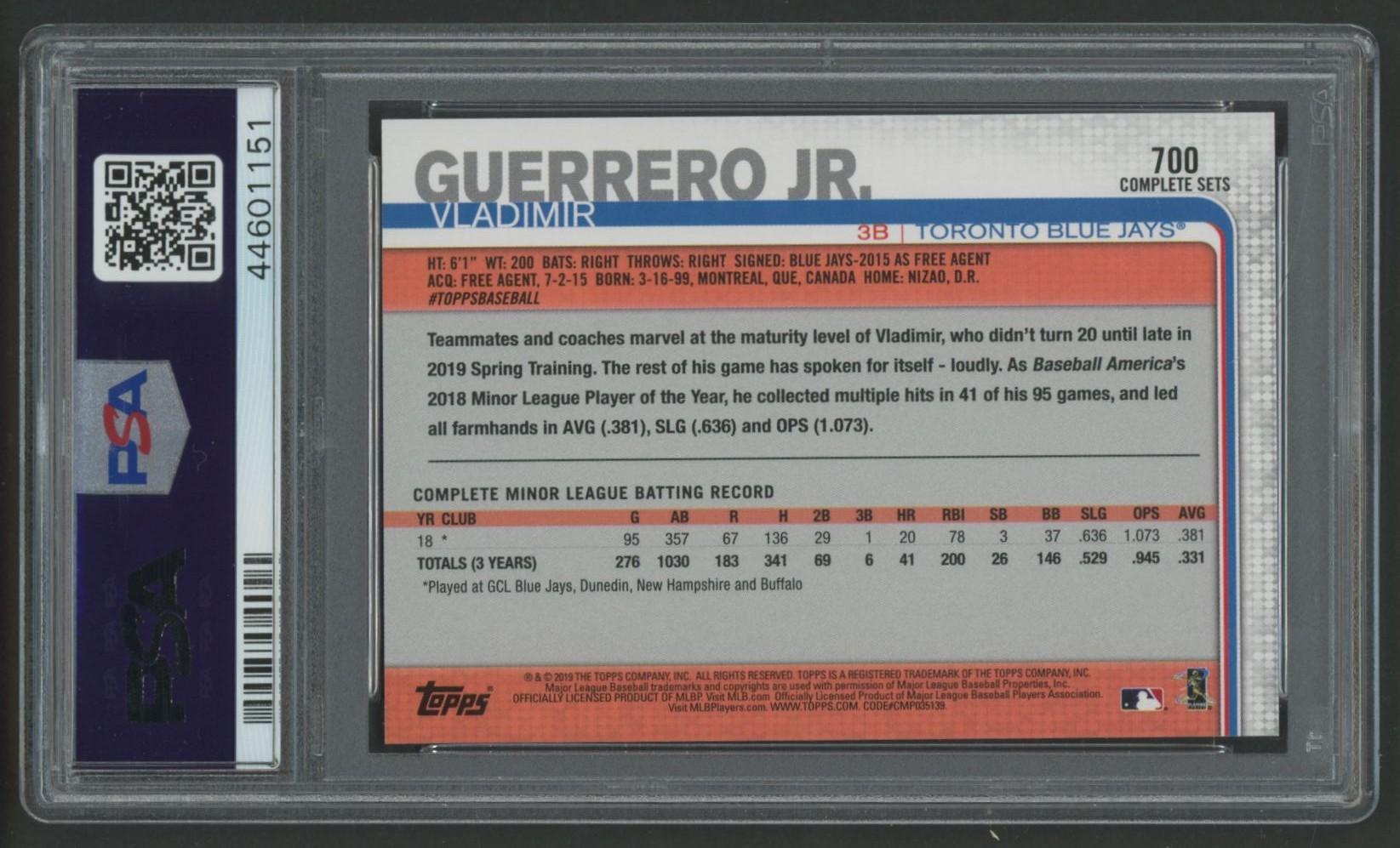 Vladimir Guerrero Jr. 2019 Topps Complete Set Fielding #700 RC (PSA 10) at PristineAuction.com Vladimir Guerrero Jr. 2019 Topps Complete Set Fielding #700 RC (PSA 10) at PristineAuction.com