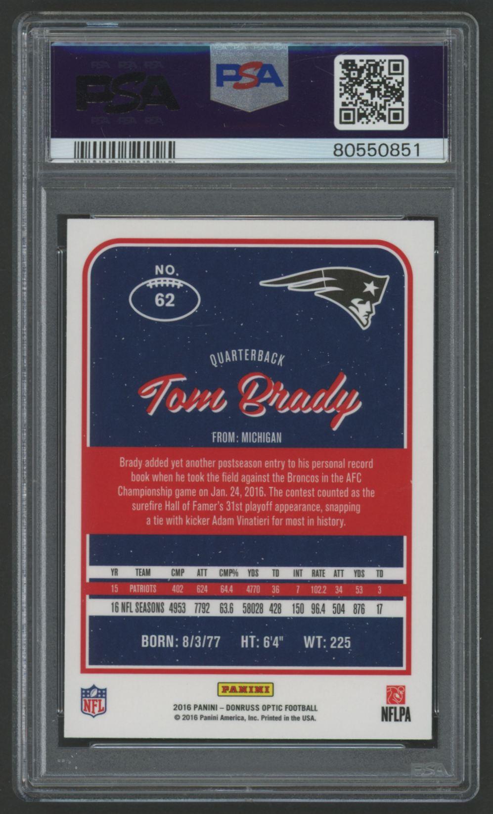 Tom Brady 2016 Donruss Optic #62 (PSA 10) at PristineAuction.com Tom Brady 2016 Donruss Optic #62 (PSA 10) at PristineAuction.com