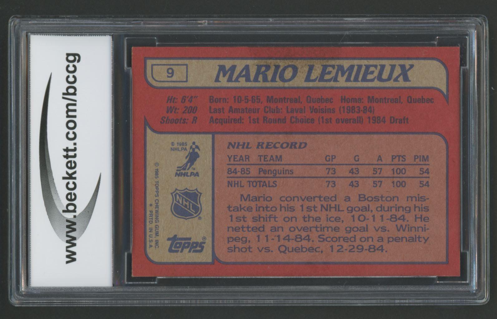 Mario Lemieux 1985-86 Topps #9 RC (BCCG 10) at PristineAuction.com Mario Lemieux 1985-86 Topps #9 RC (BCCG 10) at PristineAuction.com
