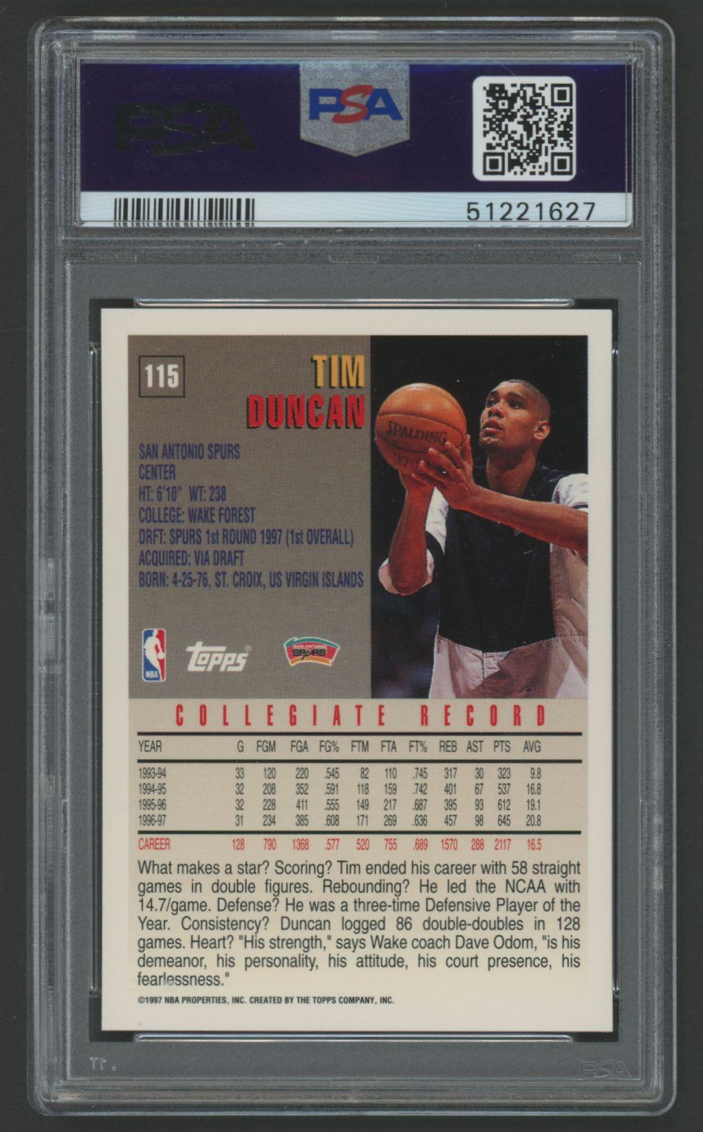 Tim Duncan 1997-98 Topps #115 (PSA 9) at PristineAuction.com Tim Duncan 1997-98 Topps #115 (PSA 9) at PristineAuction.com