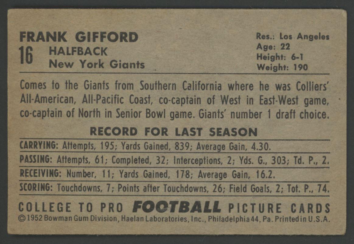 Frank Gifford 1952 Bowman Large #16 RC at PristineAuction.com Frank Gifford 1952 Bowman Large #16 RC at PristineAuction.com