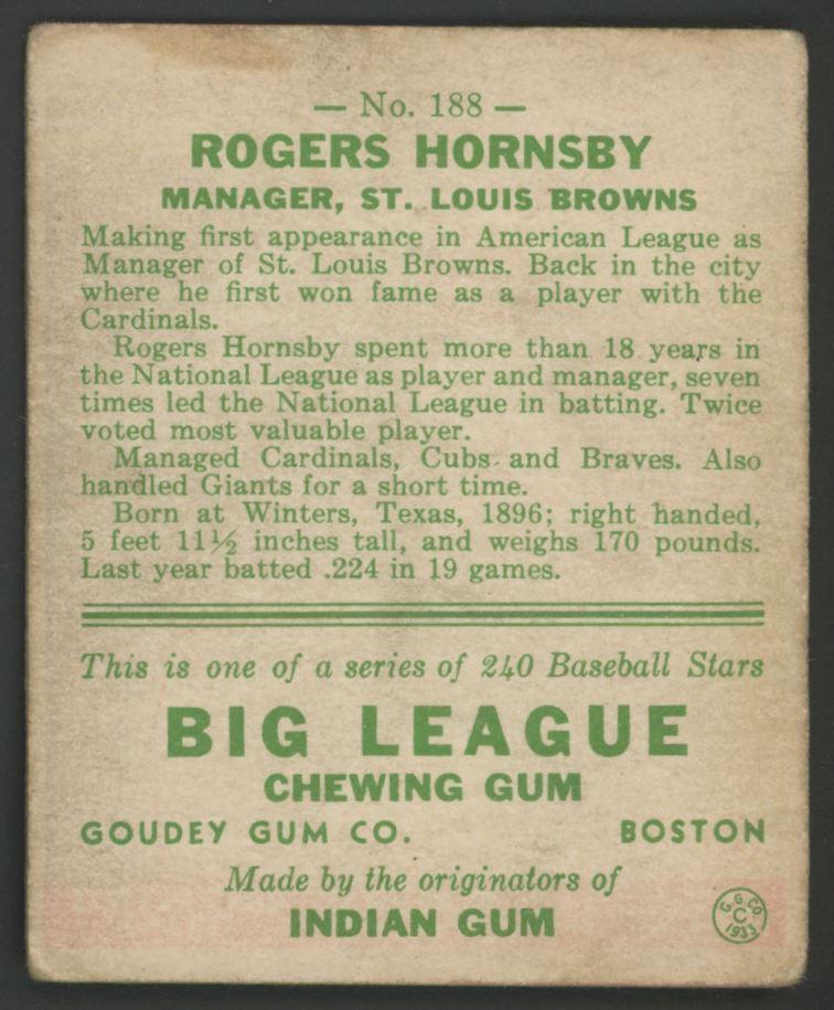 Rogers Hornsby 1933 Goudey #188 at PristineAuction.com Rogers Hornsby 1933 Goudey #188 at PristineAuction.com
