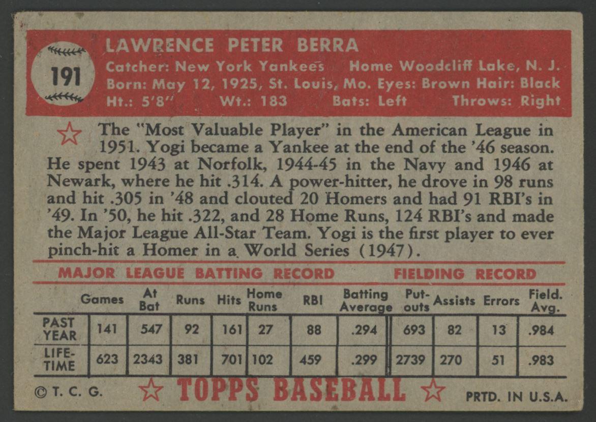 Yogi Berra 1952 Topps #191 at PristineAuction.com Yogi Berra 1952 Topps #191 at PristineAuction.com