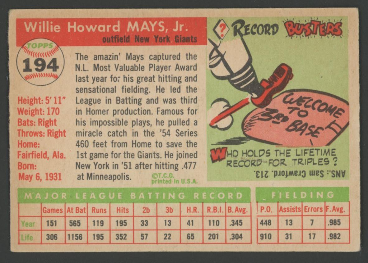 Willie Mays 1955 Topps #194 at PristineAuction.com Willie Mays 1955 Topps #194 at PristineAuction.com
