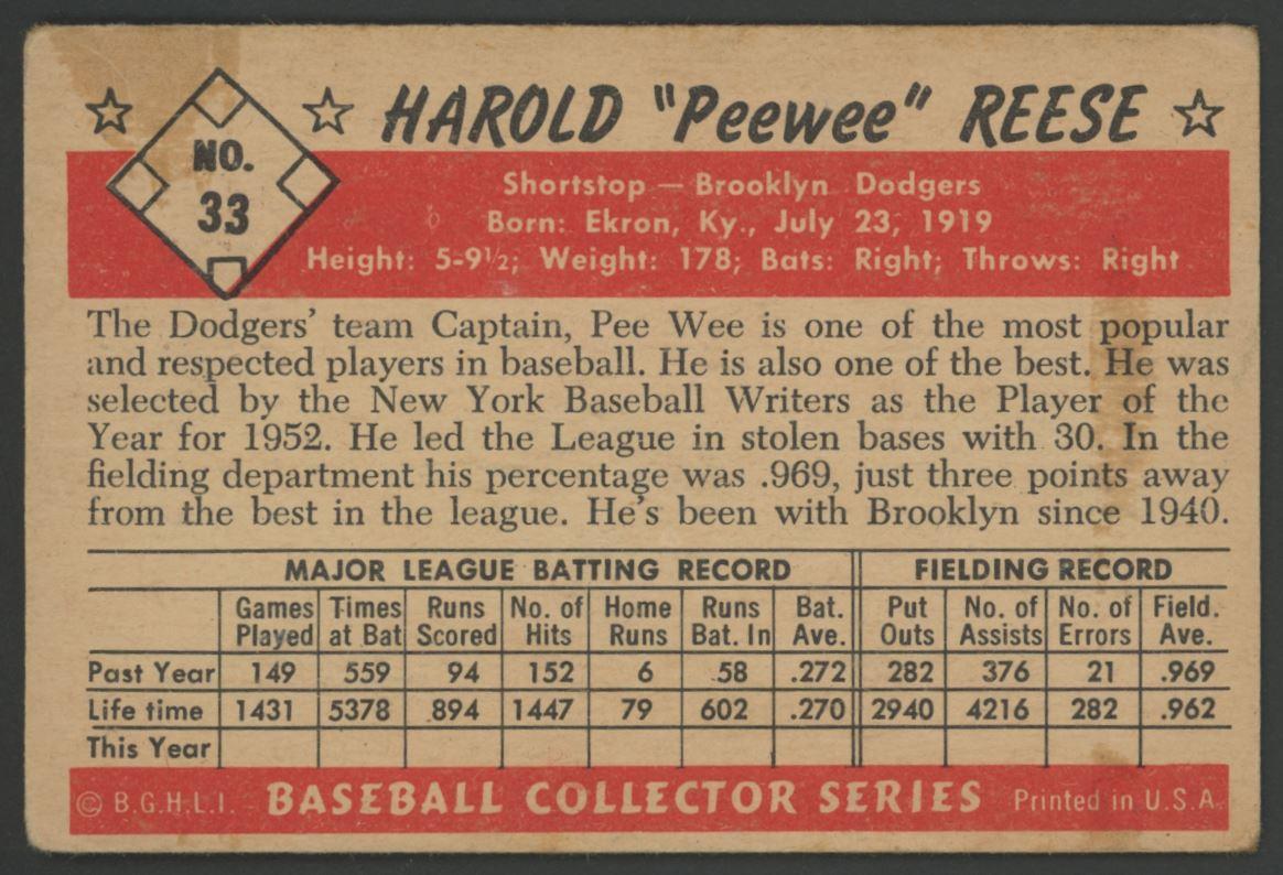 Pee Wee Reese 1953 Bowman #33 at PristineAuction.com Pee Wee Reese 1953 Bowman #33 at PristineAuction.com