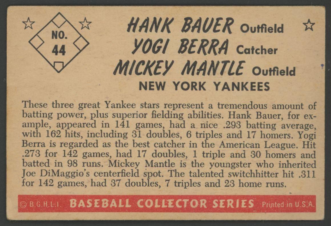 Yogi Berra / Hank Bauer / Mickey Mantle 1953 Bowman Color #44 at PristineAuction.com Yogi Berra / Hank Bauer / Mickey Mantle 1953 Bowman Color #44 at PristineAuction.com