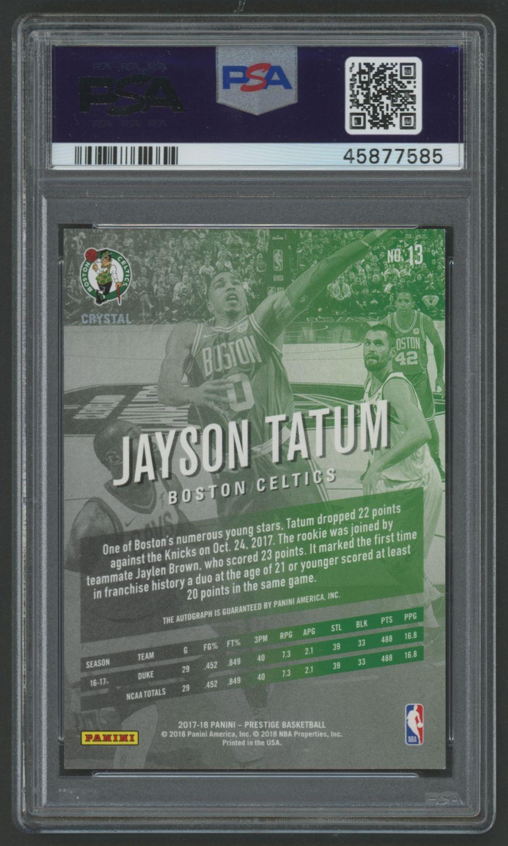 Jayson Tatum 2017-18 Prestige Bonus Shots Signatures Crystal #13 RC (PSA 10) at PristineAuction.com Jayson Tatum 2017-18 Prestige Bonus Shots Signatures Crystal #13 RC (PSA 10) at PristineAuction.com