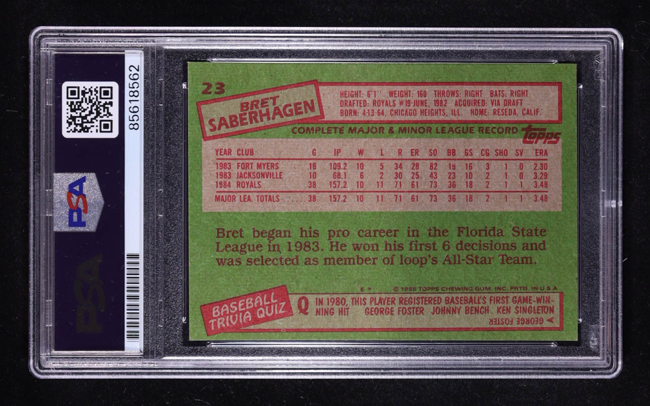 Bret Saberhagen Signed 1985 Topps #23 RC (PSA) at PristineAuction.com Bret Saberhagen Signed 1985 Topps #23 RC (PSA) at PristineAuction.com