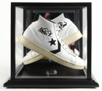 Magic Johnson & Larry Bird Signed Pair of (2) Converse All Star Leather Basketball Shoes with Photo Display Case (Beckett & PSA) at PristineAuction.com