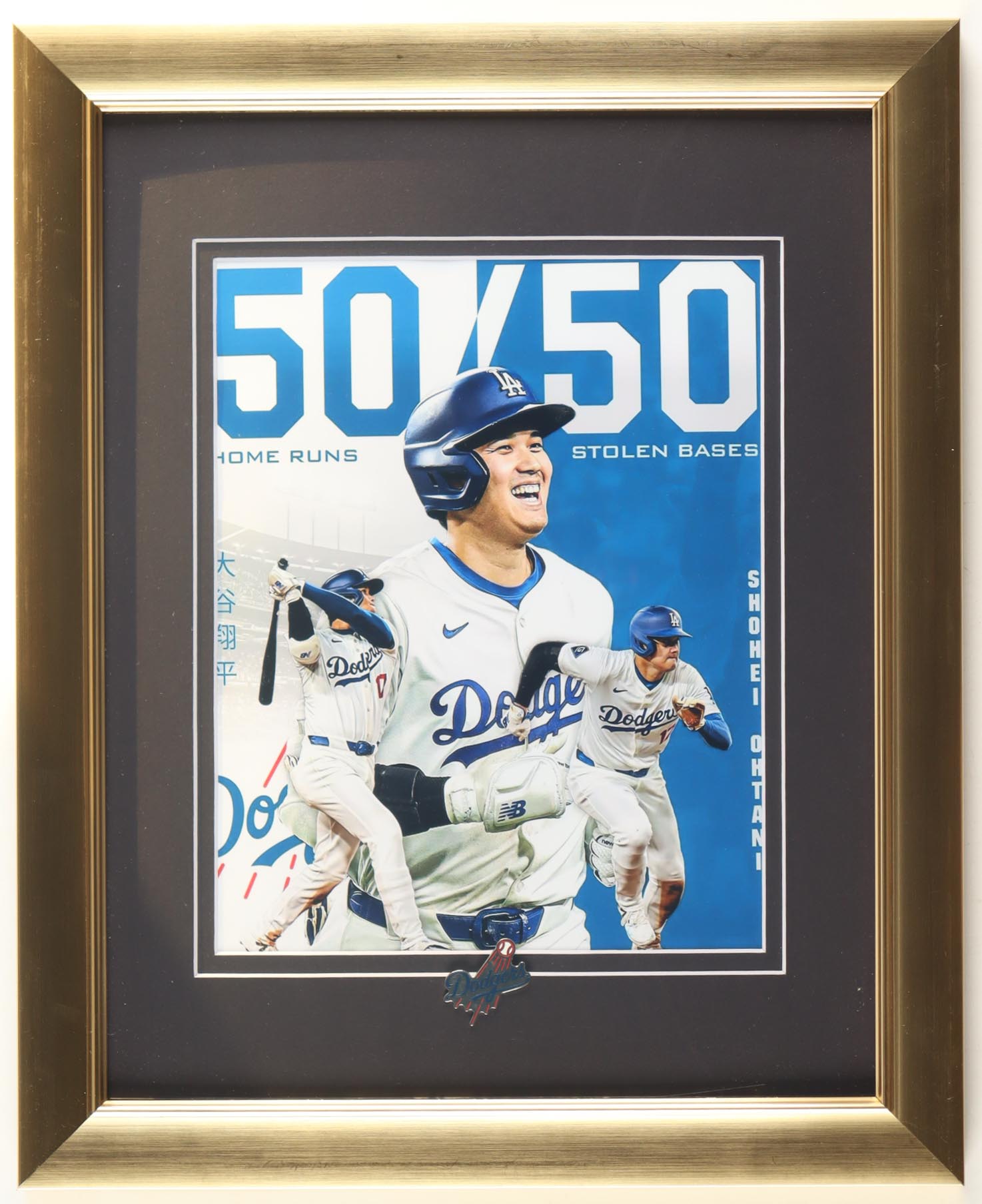 Shohei Ohtani 50/50 Custom Framed Photo Display With Dodgers Logo Pin at PristineAuction.com Shohei Ohtani 50/50 Custom Framed Photo Display With Dodgers Logo Pin at PristineAuction.com