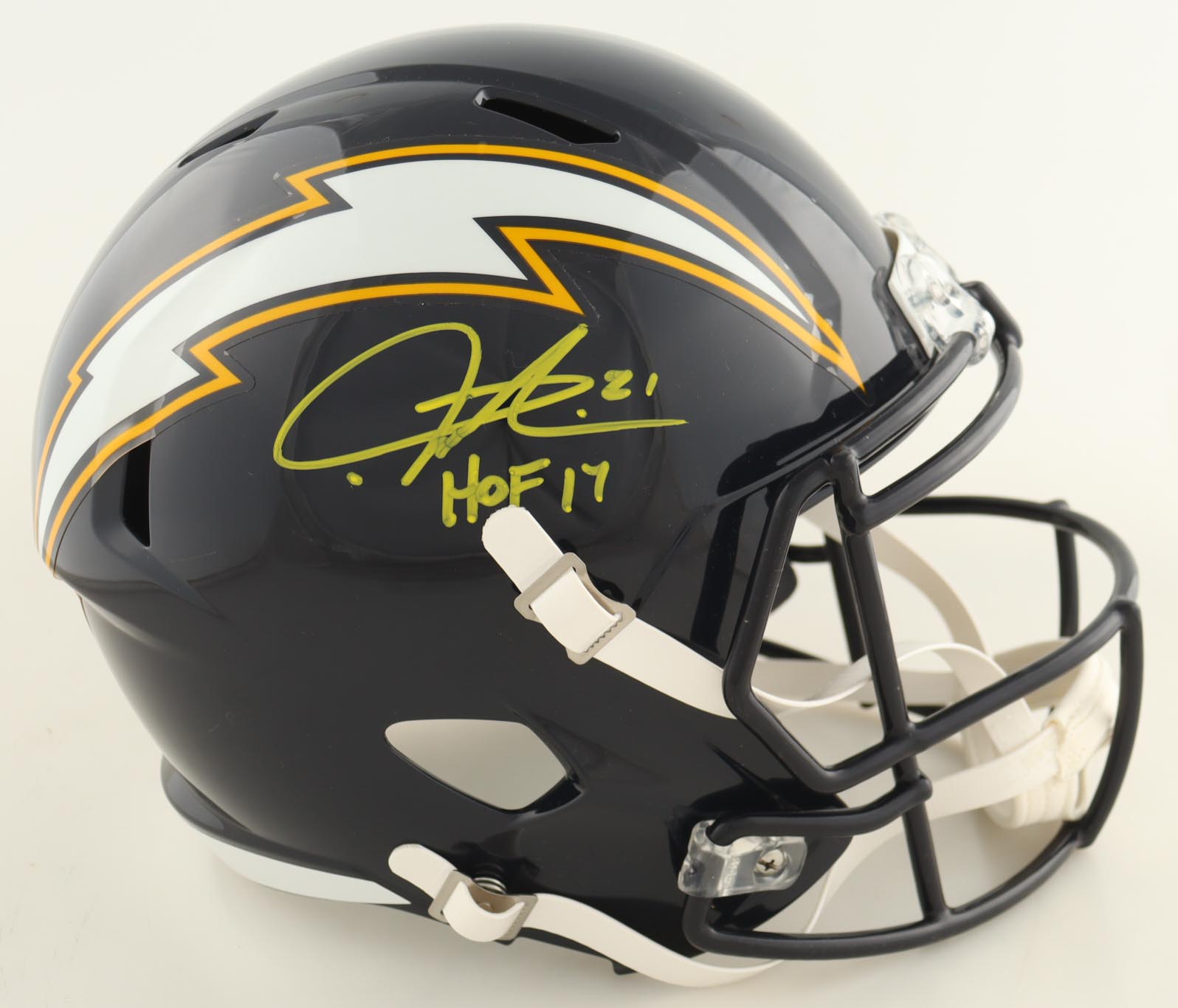 LaDainian Tomlinson Signed Chargers Full-Size Speed Helmet Inscribed "HOF 17" (Beckett) at PristineAuction.com LaDainian Tomlinson Signed Chargers Full-Size Speed Helmet Inscribed "HOF 17" (Beckett) at PristineAuction.com