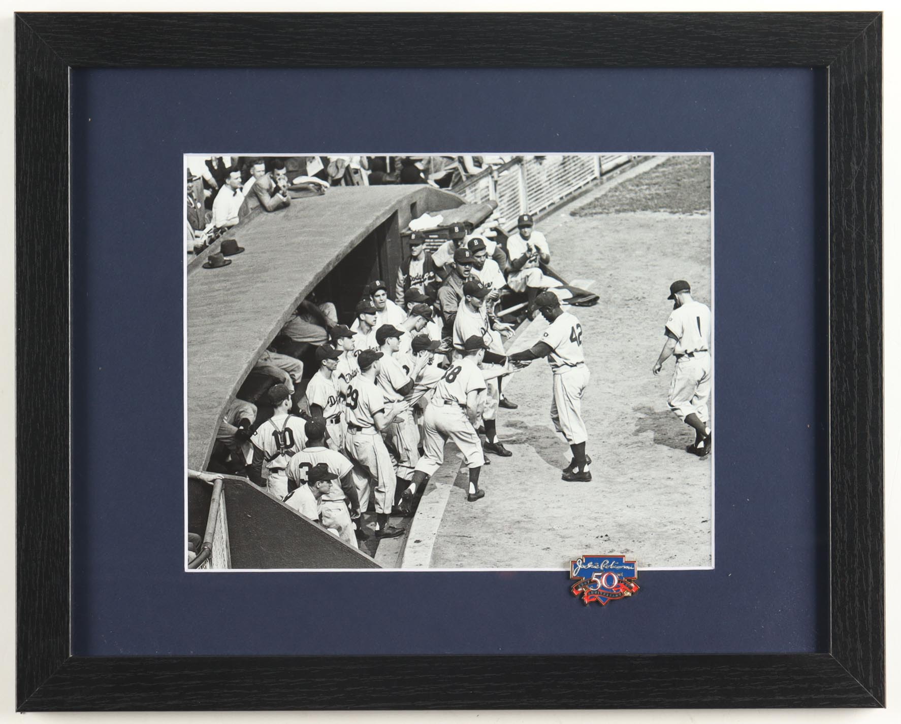 Jackie Robinson & The Dodgers Dugout Custom Framed Photo Display With Official Jackie Robinson 50 Year Anniversary Pin at PristineAuction.com Jackie Robinson & The Dodgers Dugout Custom Framed Photo Display With Official Jackie Robinson 50 Year Anniversary Pin at PristineAuction.com