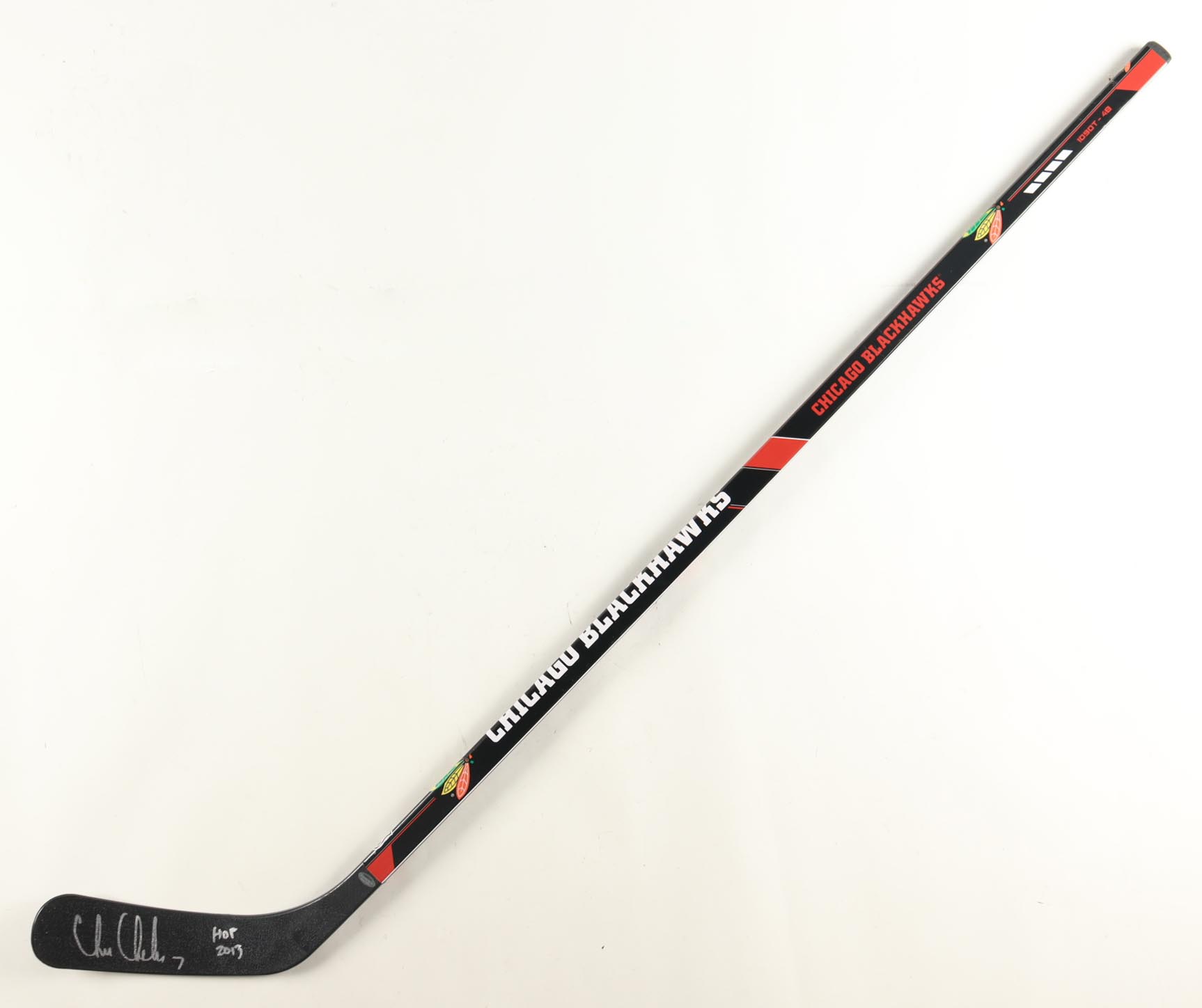 Chris Chelios Signed Blackhawks Hockey Stick Inscribed "HOF 2013" (Schwartz) at PristineAuction.com Chris Chelios Signed Blackhawks Hockey Stick Inscribed "HOF 2013" (Schwartz) at PristineAuction.com
