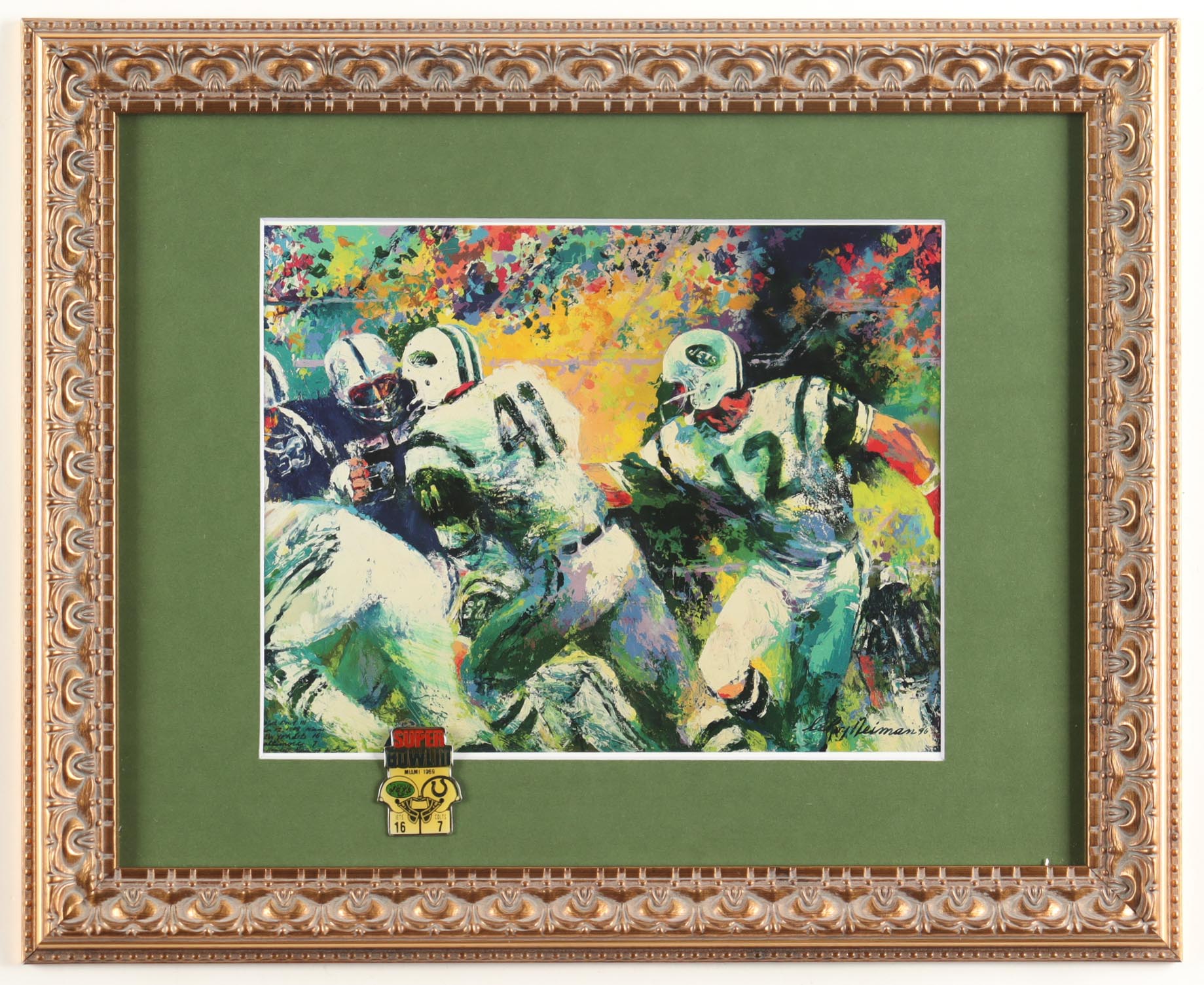 LeRoy Neiman "Joe Namath Jets Super Bowl" Custom Framed Art Print Display with Official Super Bowl III Pin at PristineAuction.com LeRoy Neiman "Joe Namath Jets Super Bowl" Custom Framed Art Print Display with Official Super Bowl III Pin at PristineAuction.com