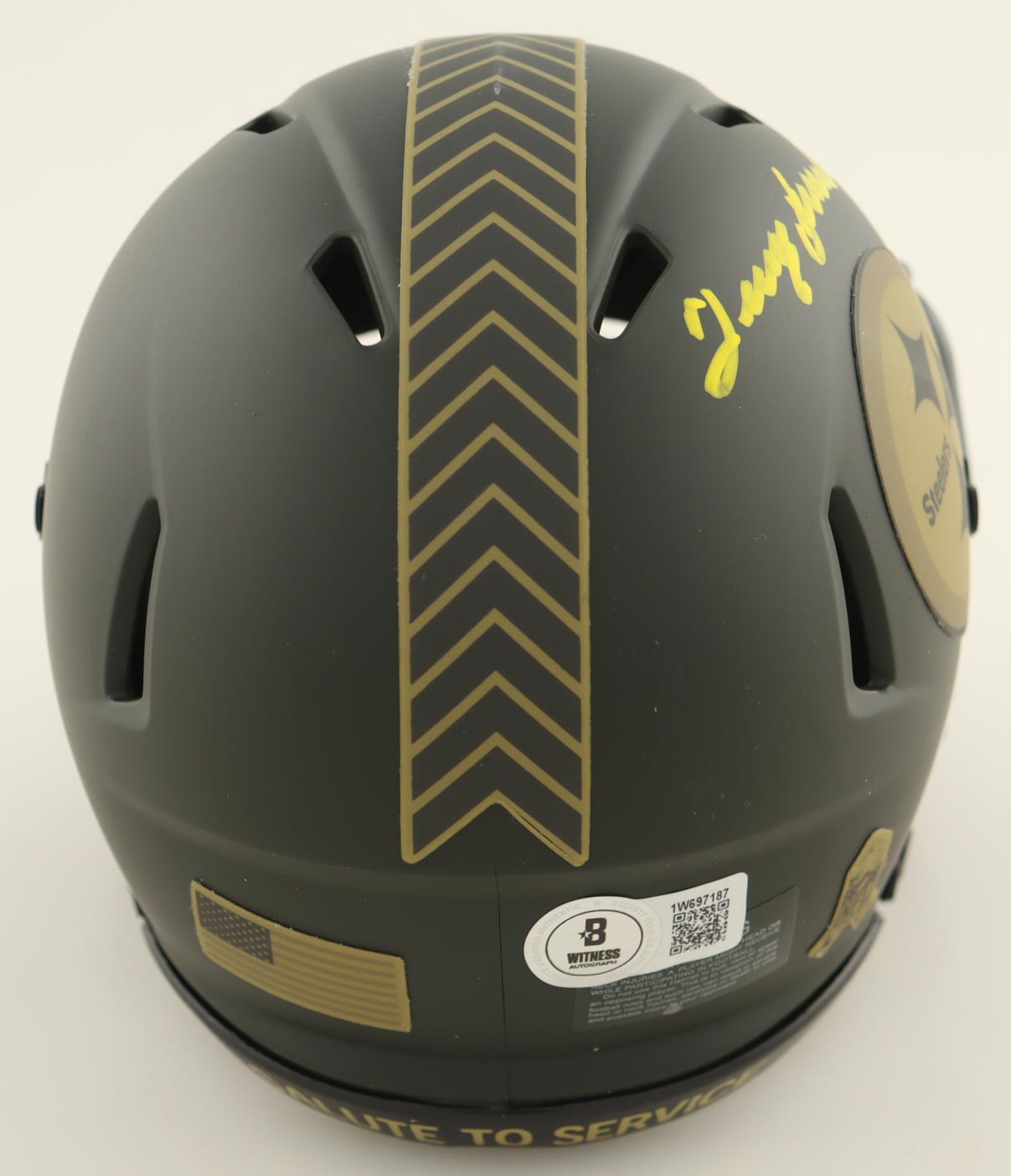 Terry Bradshaw Signed Steelers Salute To Service Alternate Speed Mini Helmet (Beckett) at PristineAuction.com Terry Bradshaw Signed Steelers Salute To Service Alternate Speed Mini Helmet (Beckett) at PristineAuction.com