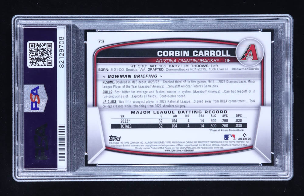 Corbin Carroll 2023 Bowman Chrome Mega Box #73 RC (PSA 10) at PristineAuction.com Corbin Carroll 2023 Bowman Chrome Mega Box #73 RC (PSA 10) at PristineAuction.com