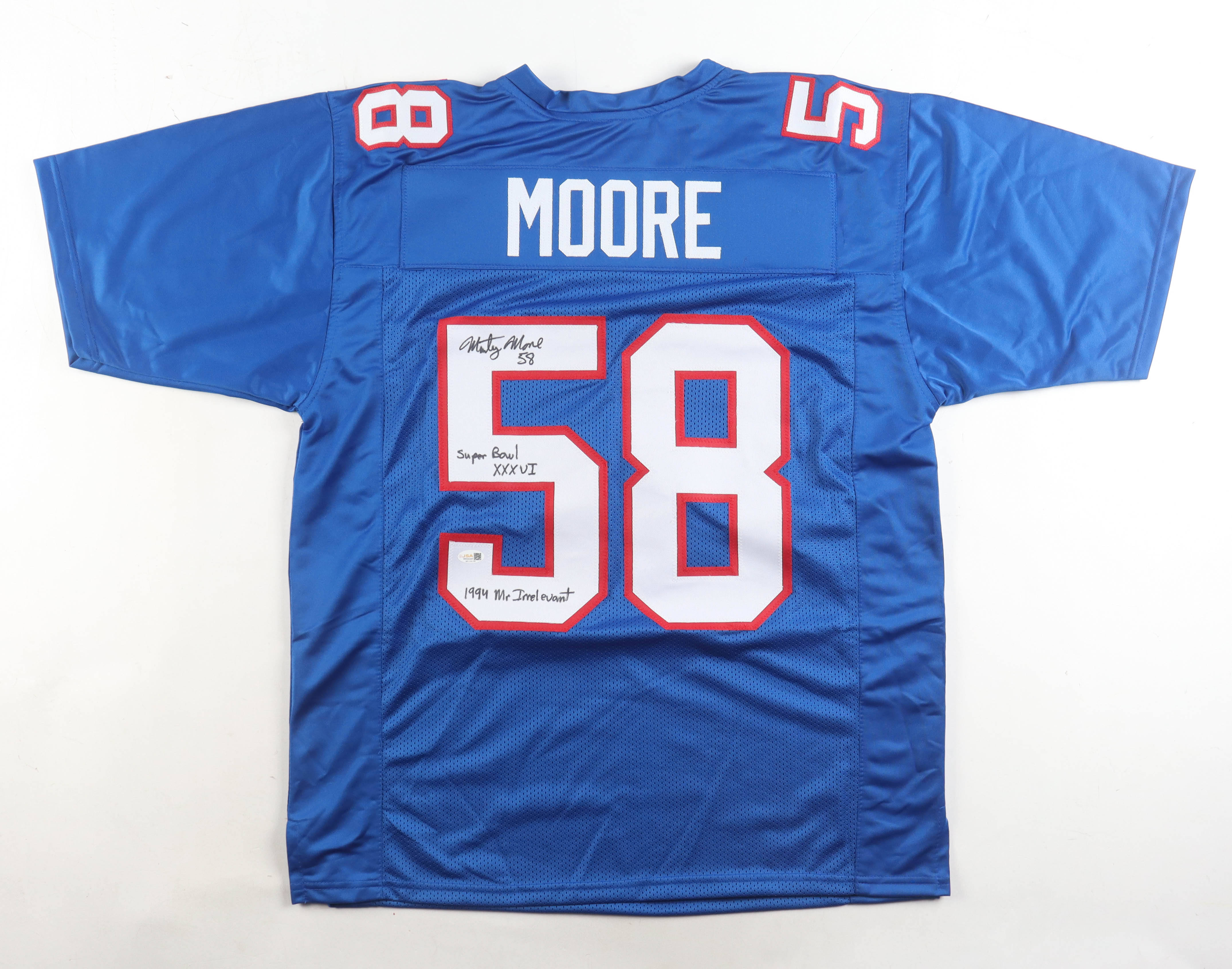 Marty Moore Signed Jersey Inscribed "Super Bowl XXXVI" & "1994 Mr. Irrelevant" (JSA) at PristineAuction.com Marty Moore Signed Jersey Inscribed "Super Bowl XXXVI" & "1994 Mr. Irrelevant" (JSA) at PristineAuction.com
