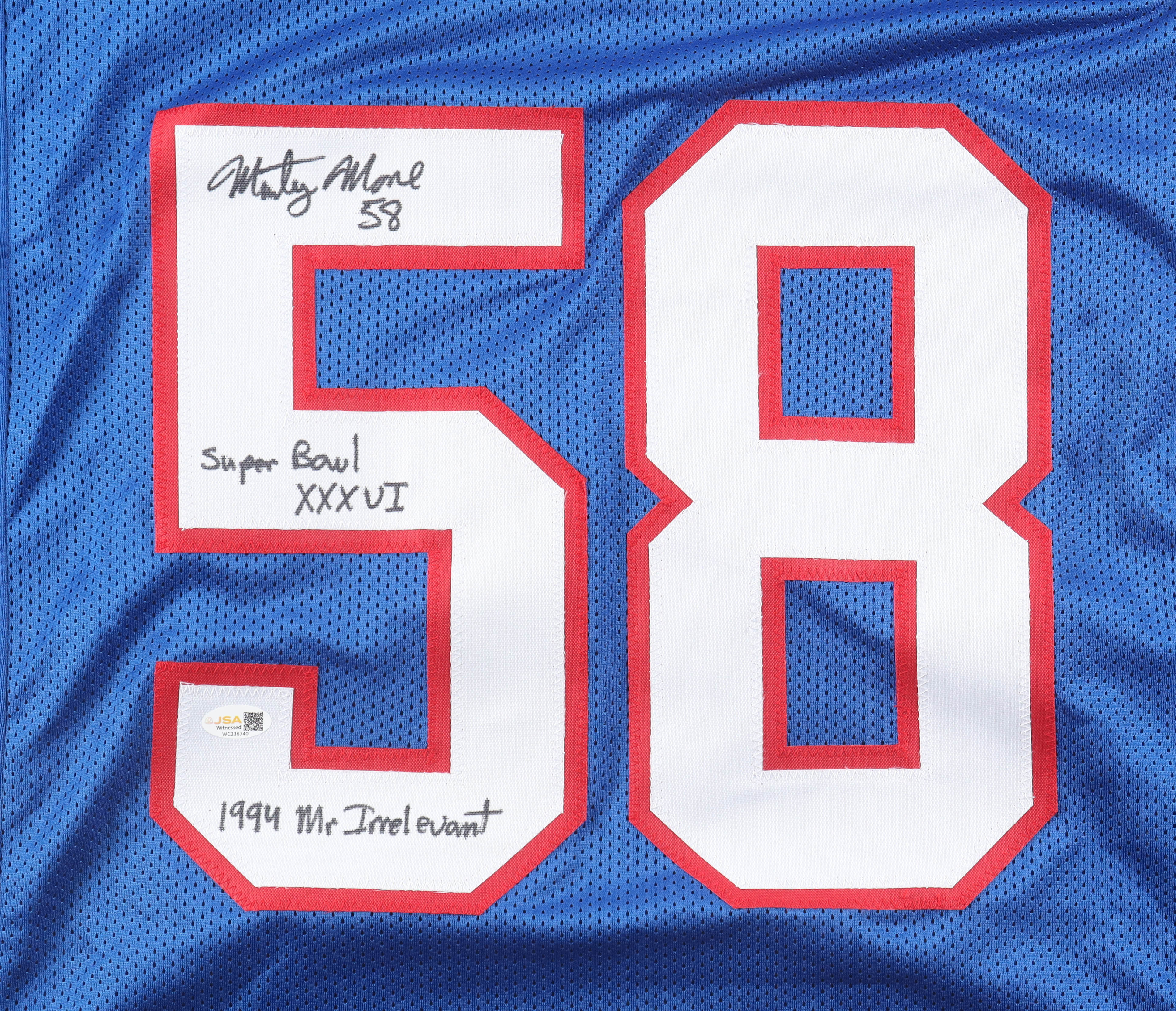 Marty Moore Signed Jersey Inscribed "Super Bowl XXXVI" & "1994 Mr. Irrelevant" (JSA) at PristineAuction.com Marty Moore Signed Jersey Inscribed "Super Bowl XXXVI" & "1994 Mr. Irrelevant" (JSA) at PristineAuction.com